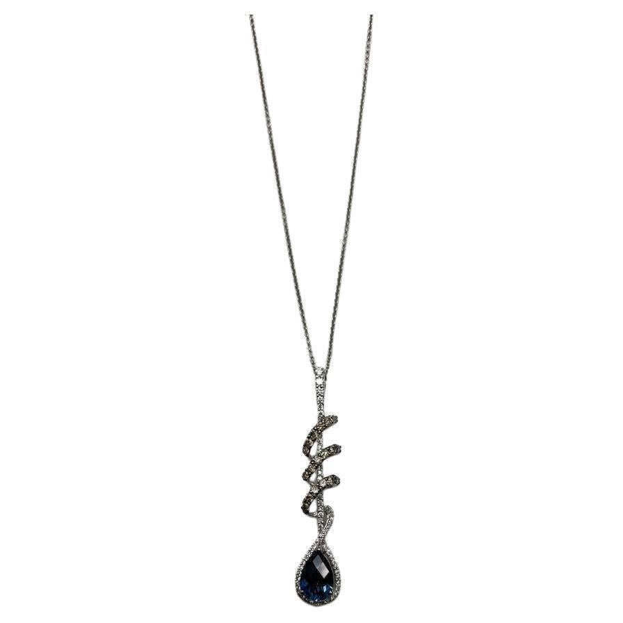Small Blue Sapphire Pear Drop Diamond Halo Spiral White Gold Pendant Necklace