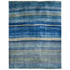 Small Blue Striped Contemporary Gabbeh Persian Wool Rug