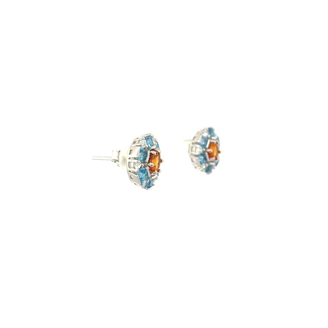 Art Deco Small Blue Topaz Citrine Round Earrings in Sterling Silver Pushback Stud for Mom For Sale