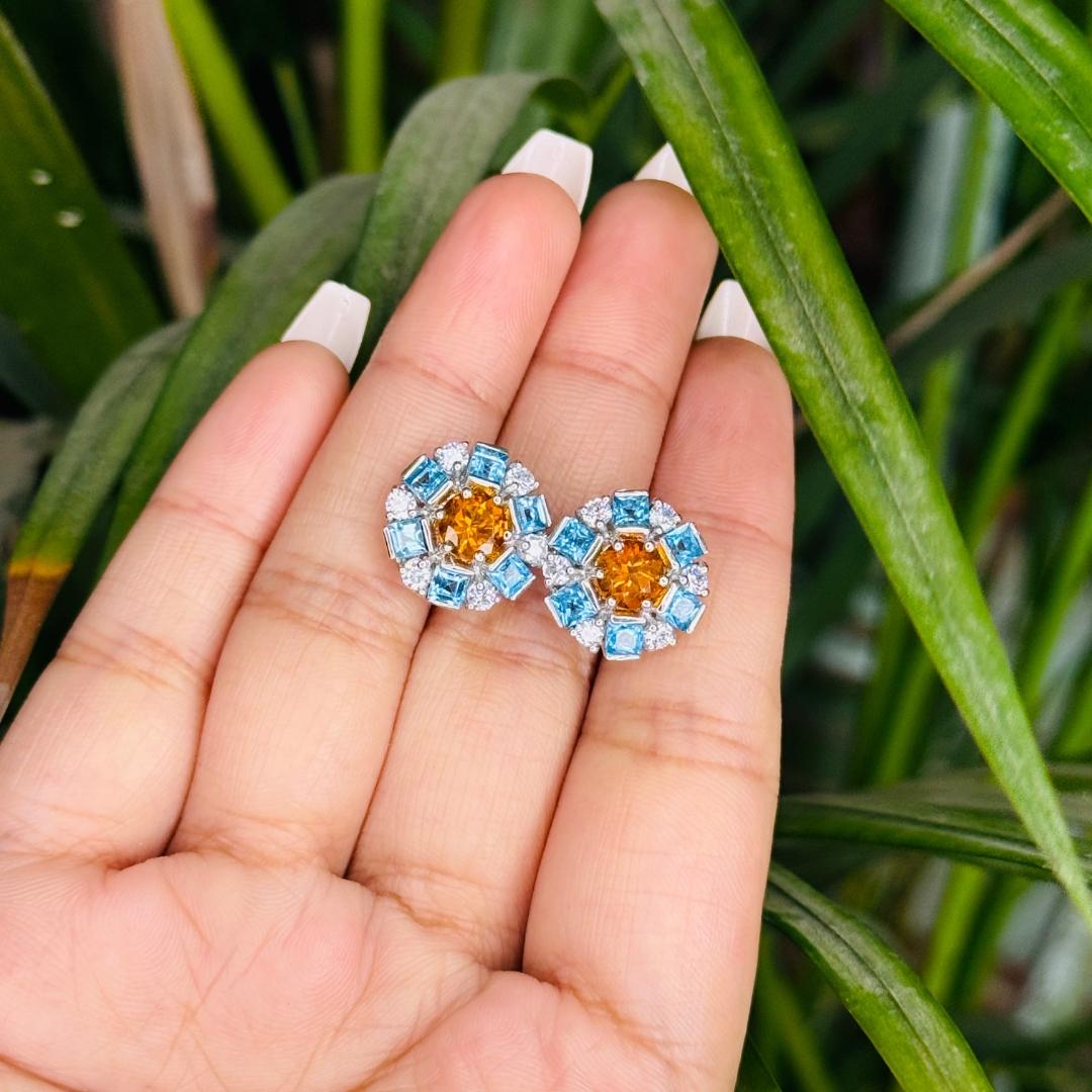 Mixed Cut Small Blue Topaz Citrine Round Earrings in Sterling Silver Pushback Stud for Mom For Sale