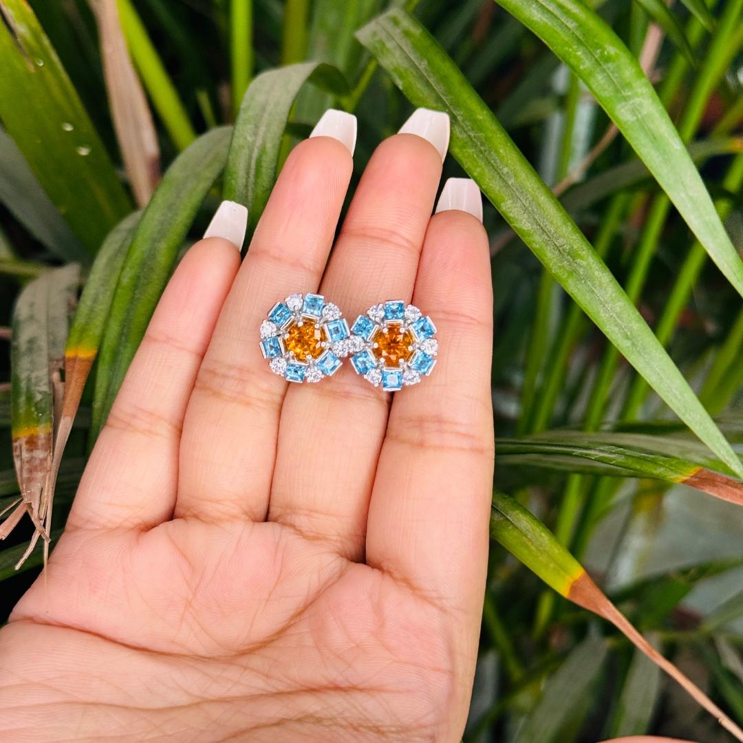 Women's Small Blue Topaz Citrine Round Earrings in Sterling Silver Pushback Stud for Mom For Sale