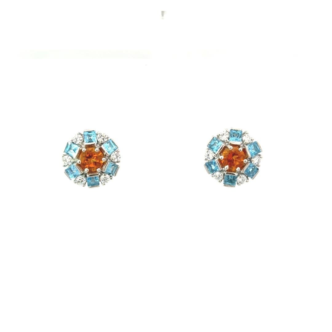 Small Blue Topaz Citrine Round Earrings in Sterling Silver Pushback Stud for Mom For Sale 2