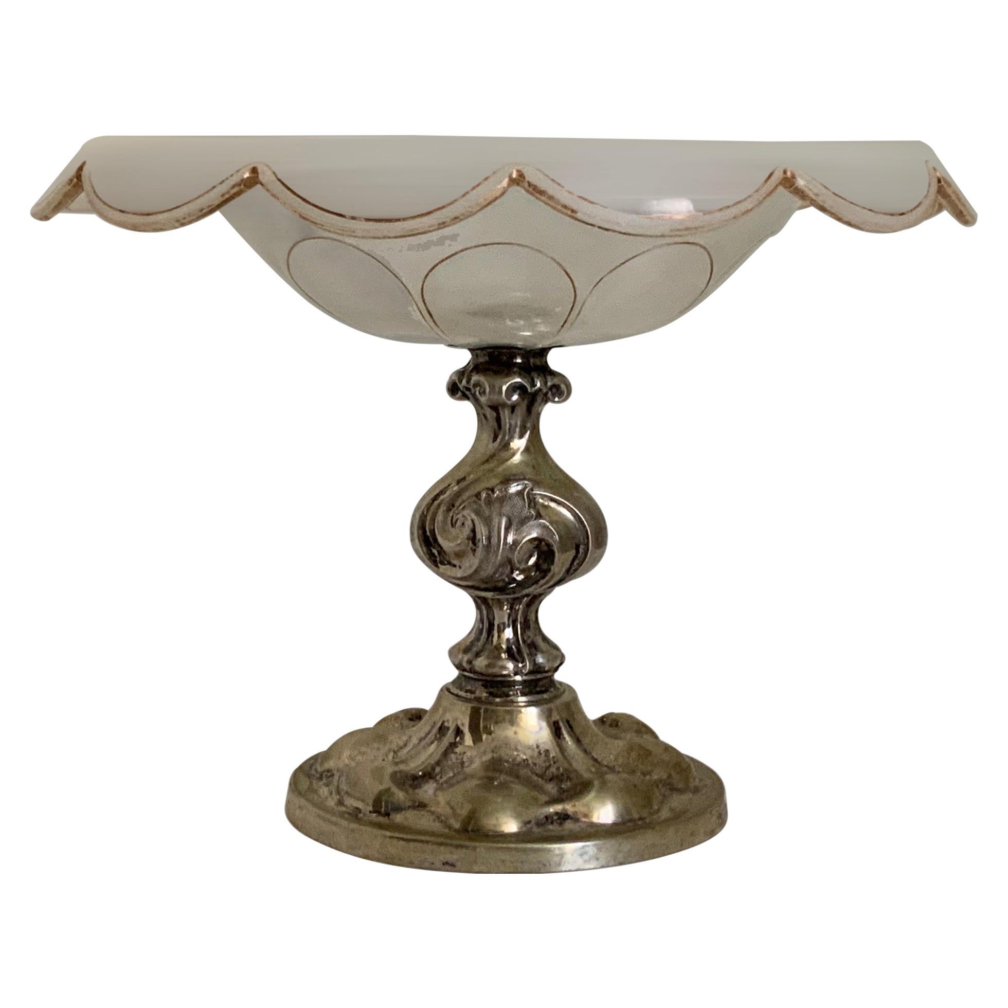 Small Bohemian Style Opaline Crystal Silver Plate Compote For Sale