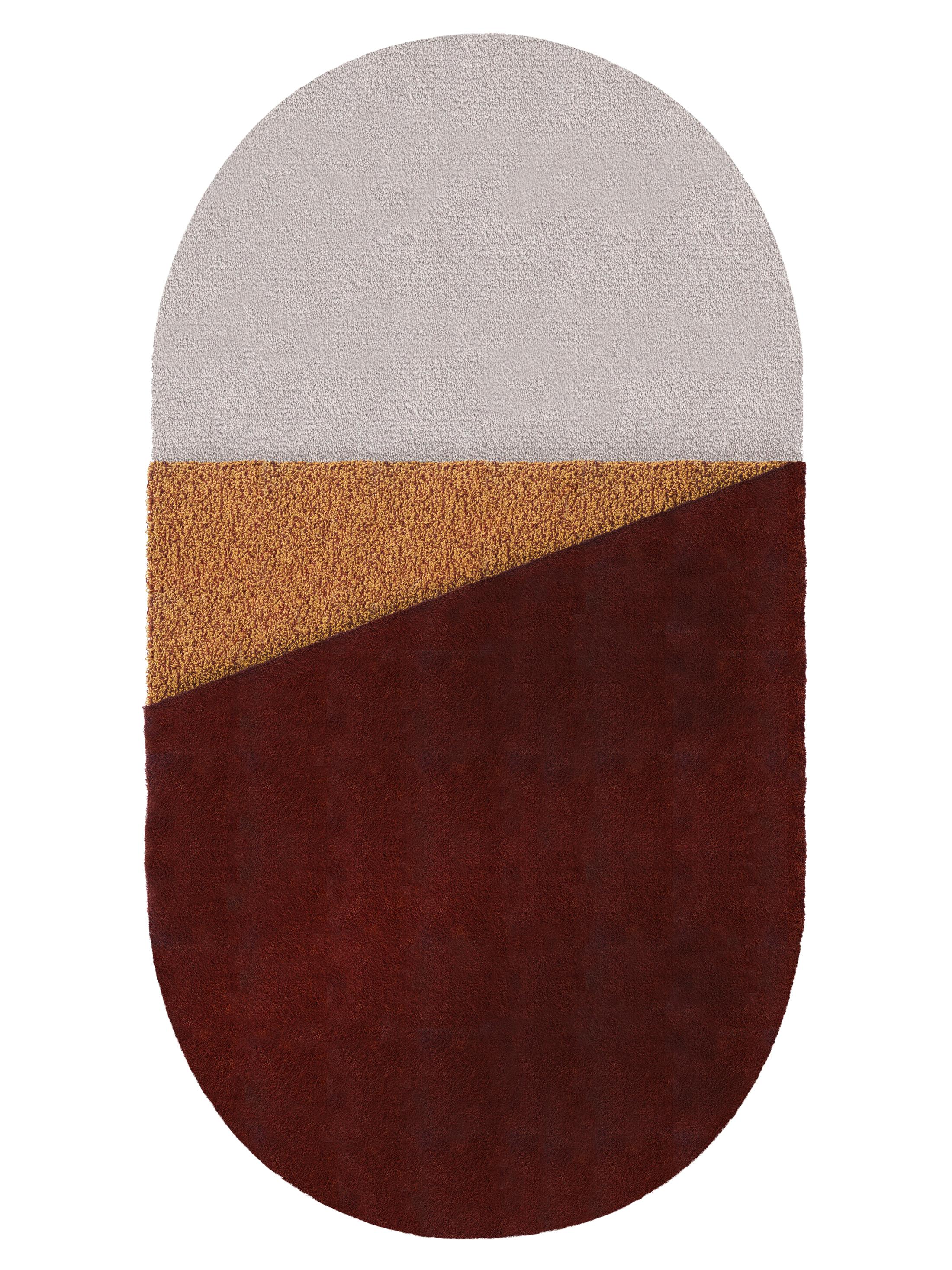 Kleiner Bordeaux Oci Right Teppich von Seraina Lareida
Abmessungen: B 70 x H 130 cm 
MATERIALIEN: 100% New Zeland Wolle bester Qualität.
Erhältlich in den Größen Medium und Large. Auch in folgenden Farben erhältlich: Brick/Pink, Gelb/Grau,