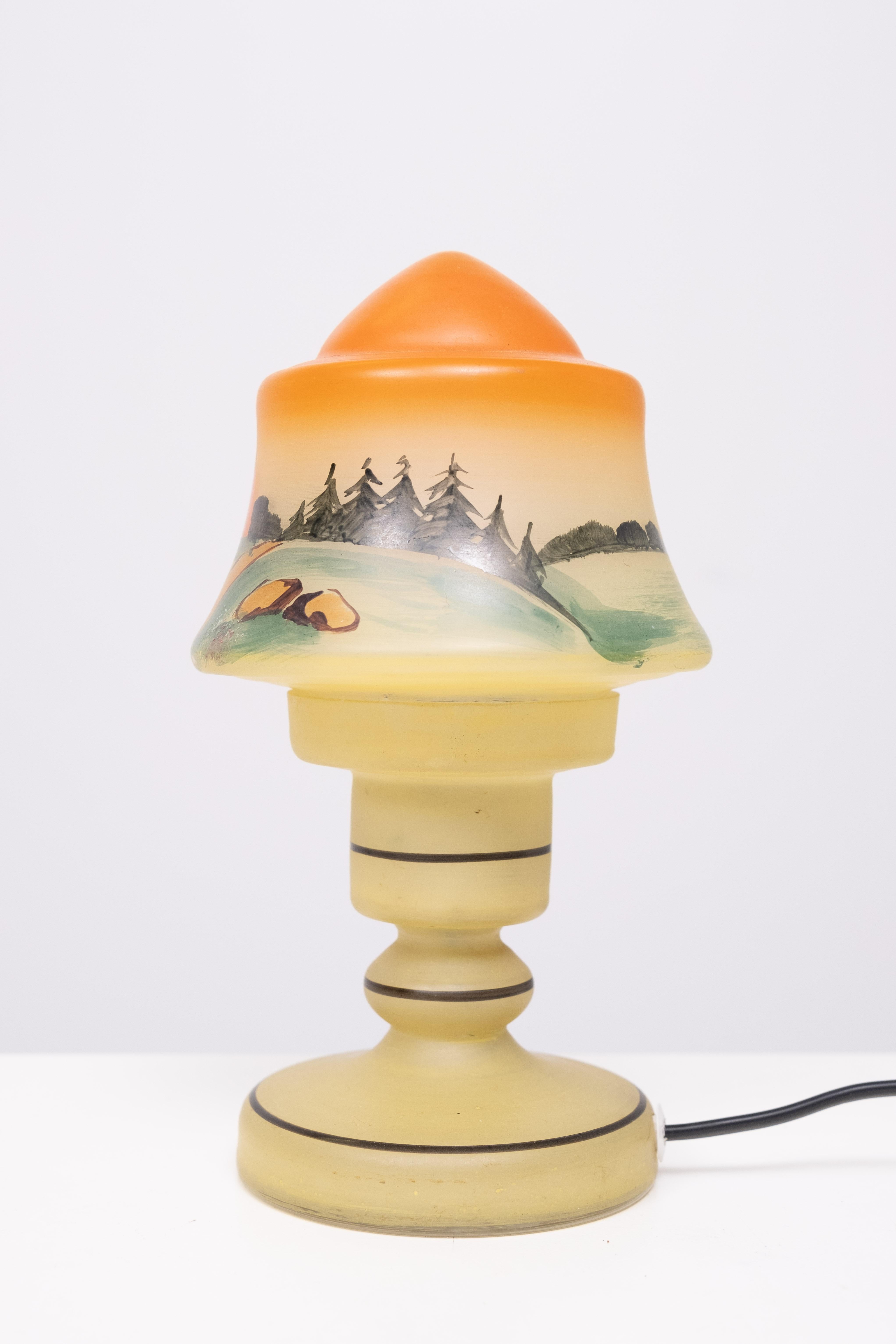 Very nice small boudoir Table lamp . Opaline Glass . inside Landscape painting . Still in a good condition . New porcelain fitting and rewire ring. 
 
 .   