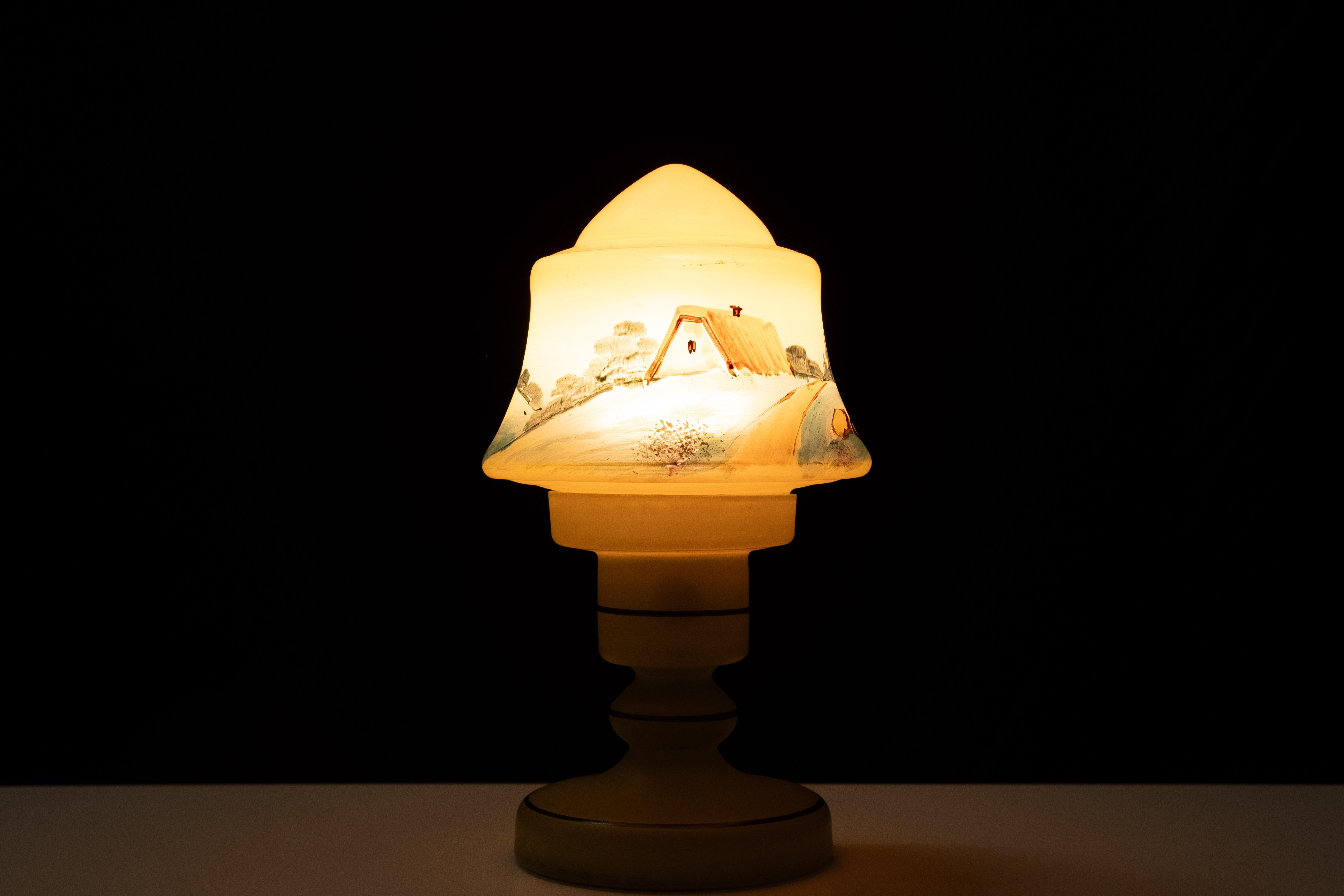 Opaline Glass small Boudoir Glass Table lamp  inside painting 1950s For Sale