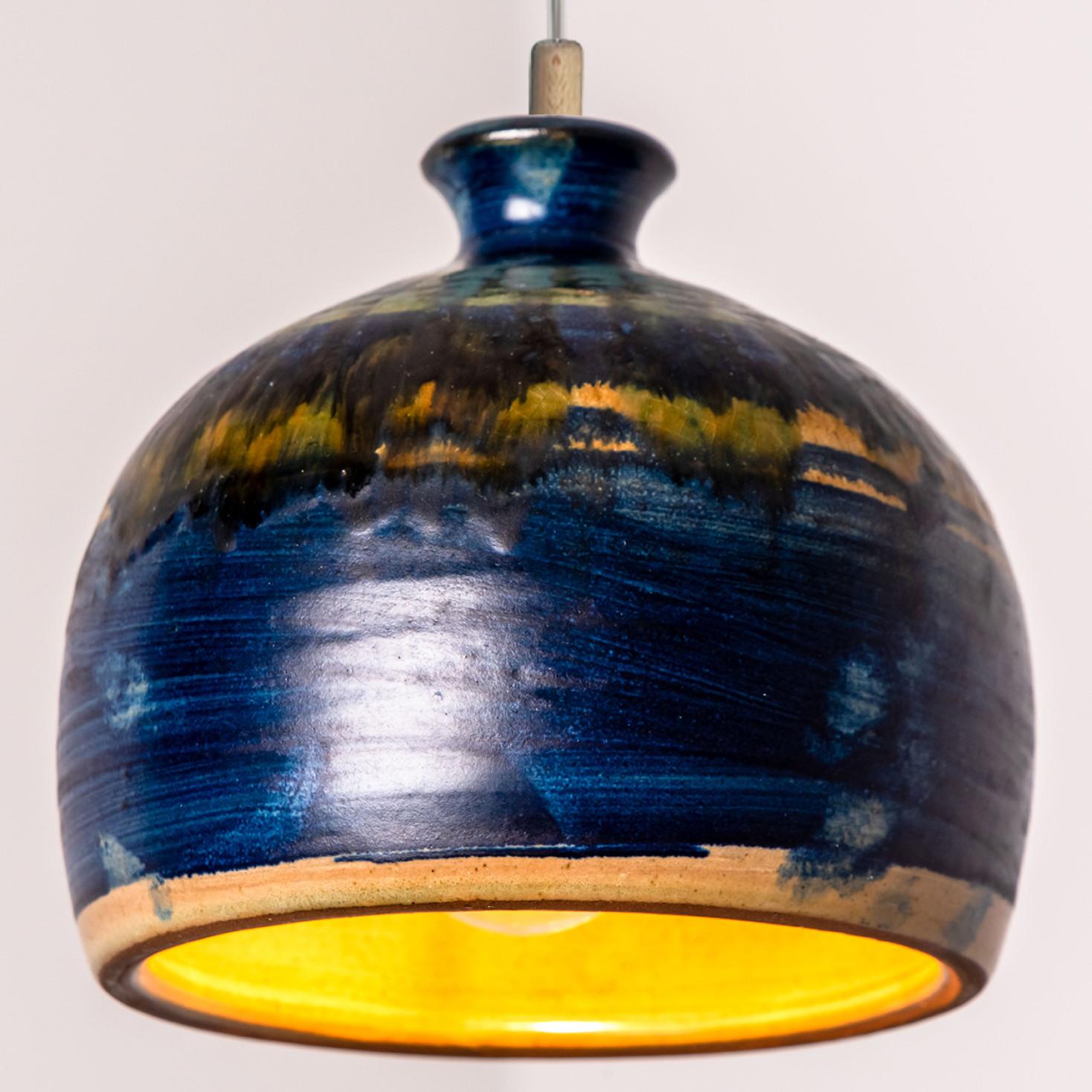 Other Small Bowl Cobalt Yellow Aqua Ceramic Pendant Light, Denmark, 1970 For Sale