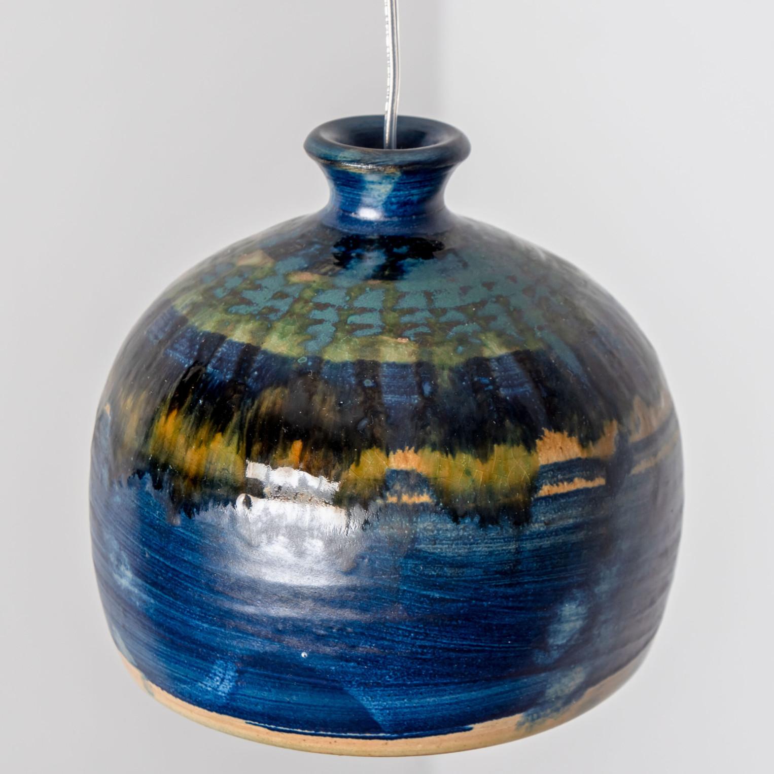 Small Bowl Cobalt Yellow Aqua Ceramic Pendant Light, Denmark, 1970 For Sale 1