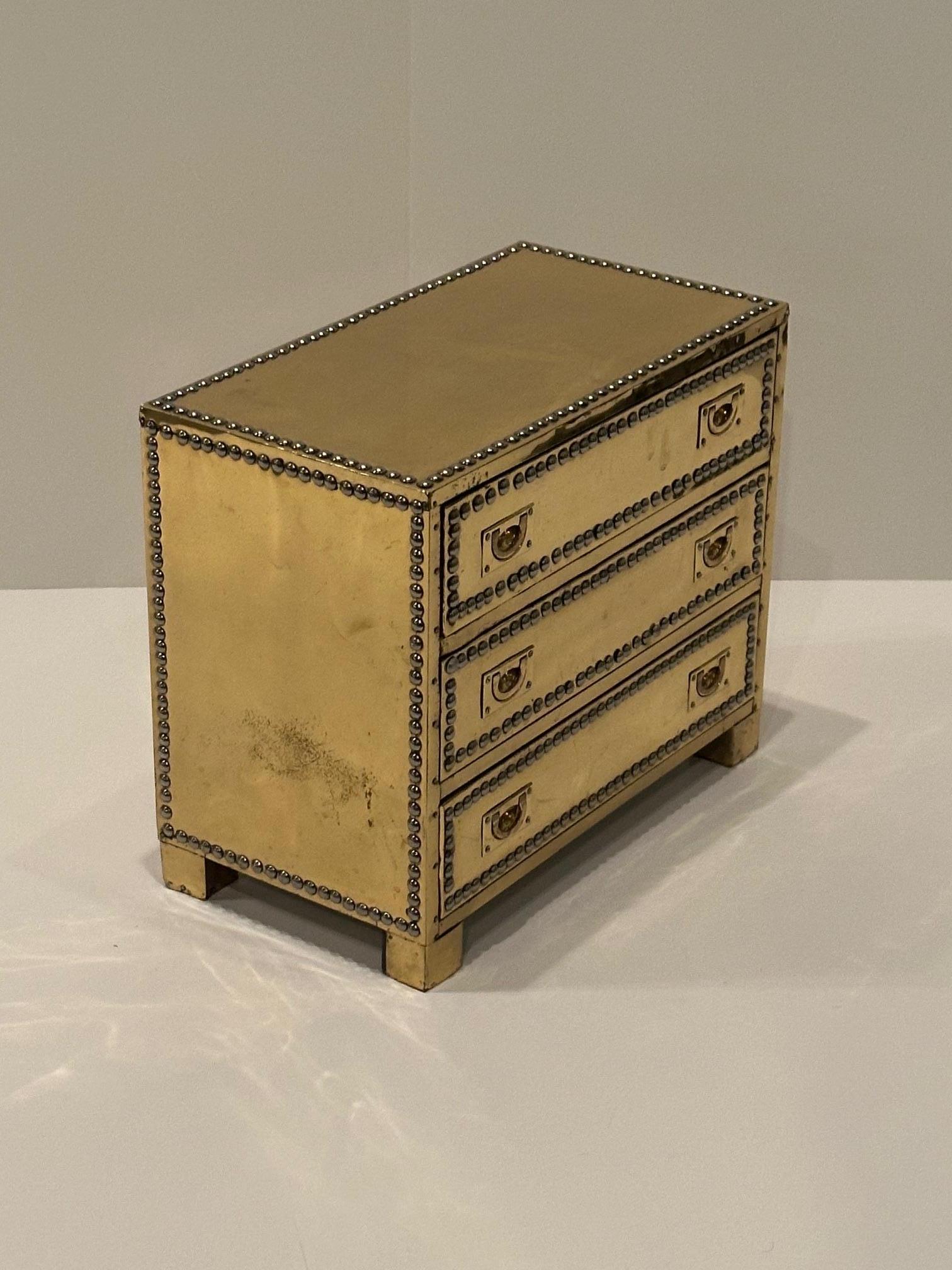 American Small Brass 3 Drawer Treasure Chest by Sarreid For Sale