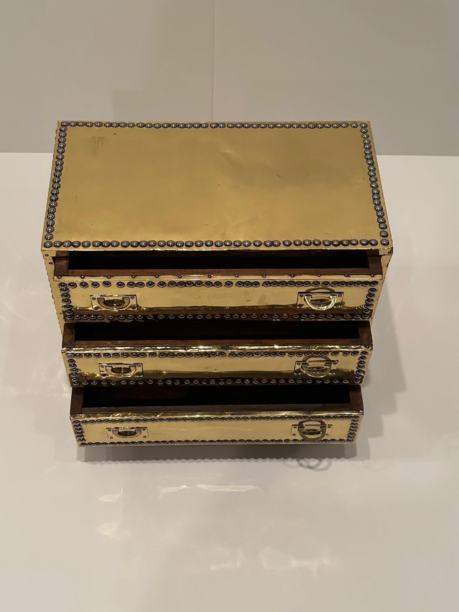 American Small Brass 3 Drawer Treasure Chest by Sarreid For Sale