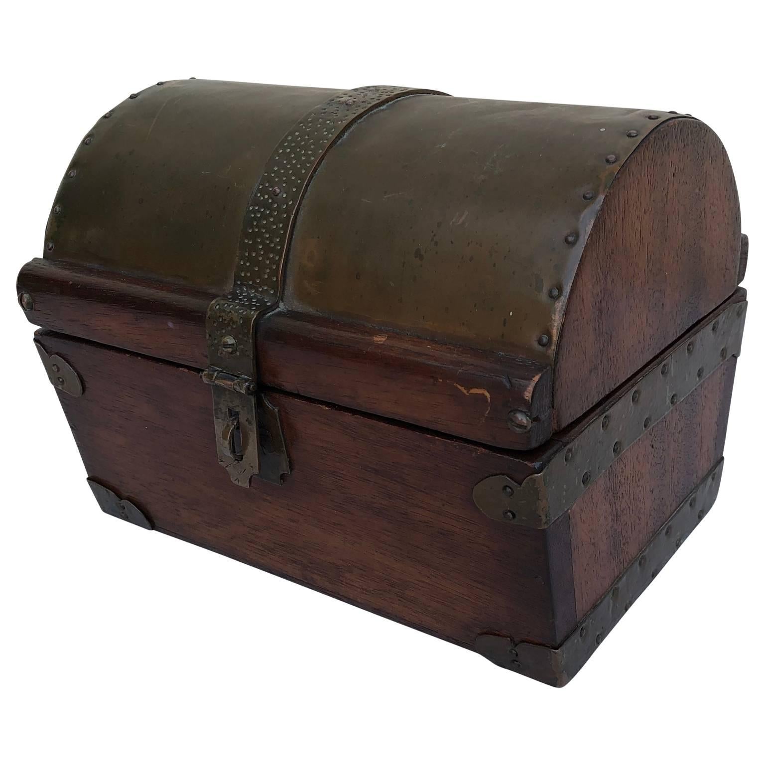 Campaign Small Brass and Copper Plated Wooden Jewelry Casket