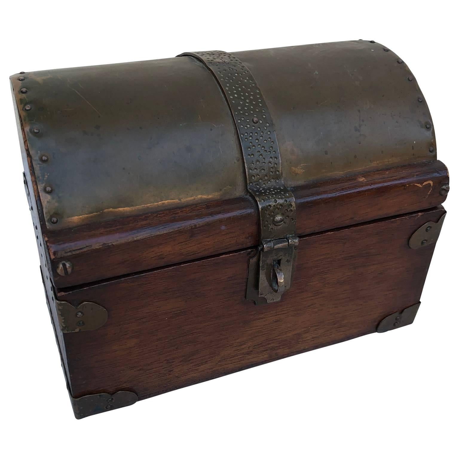 Hand-Crafted Small Brass and Copper Plated Wooden Jewelry Casket
