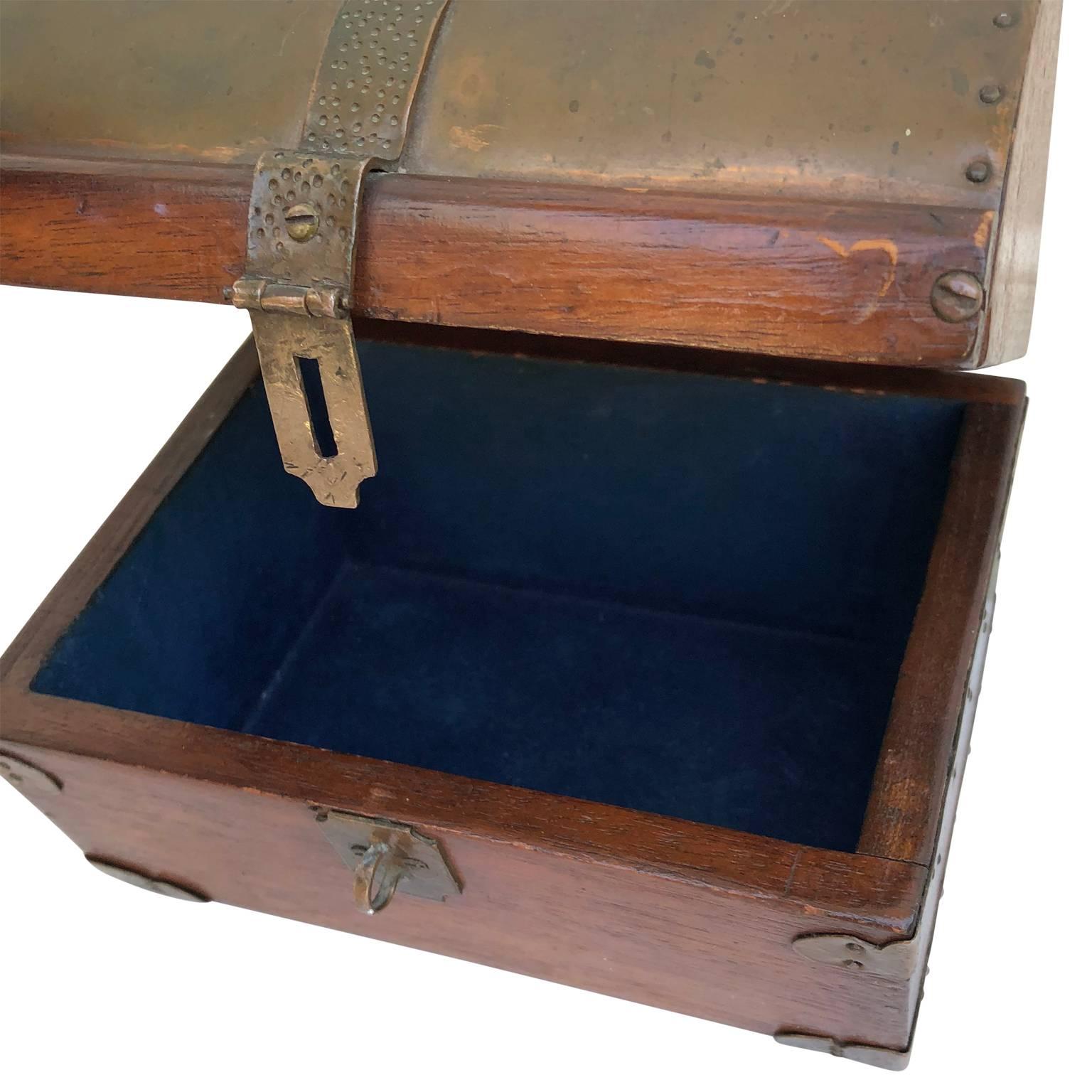Small Brass and Copper Plated Wooden Jewelry Casket In Good Condition In Haddonfield, NJ