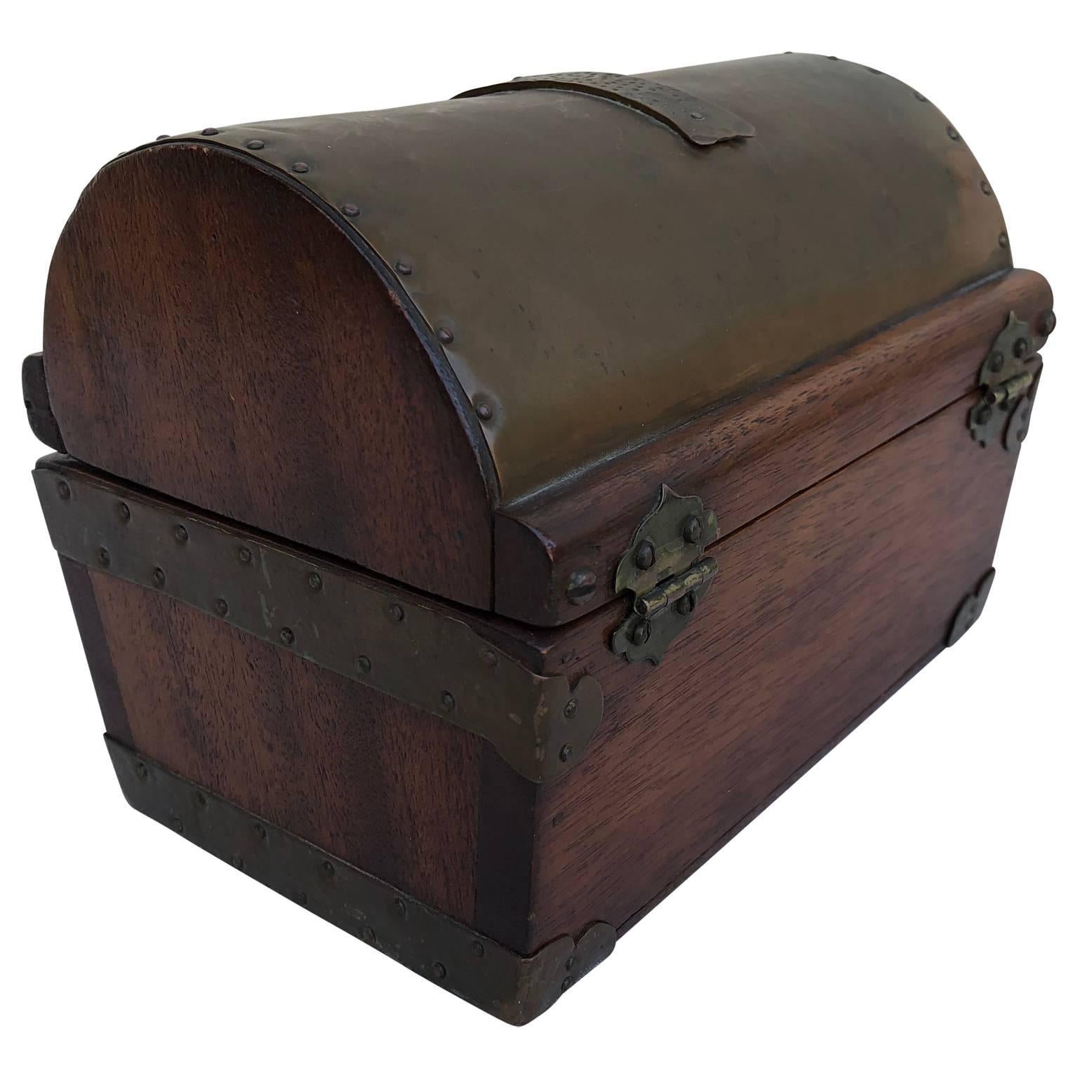 20th Century Small Brass and Copper Plated Wooden Jewelry Casket