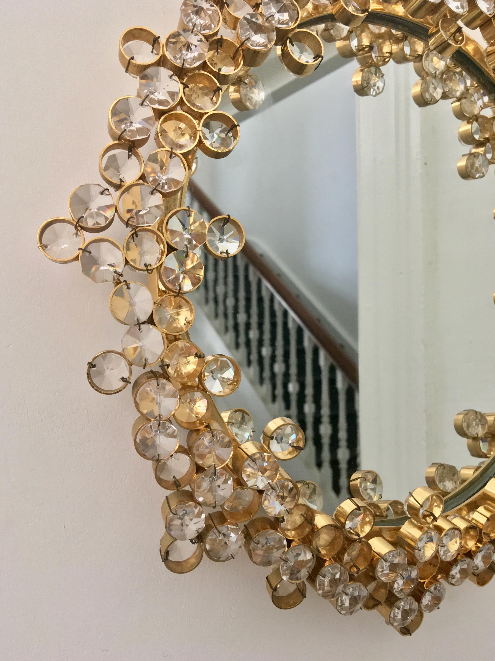 XX secolo Small Brass and Crystal Wall Mirror Attributed to Palwa, Austria in vendita