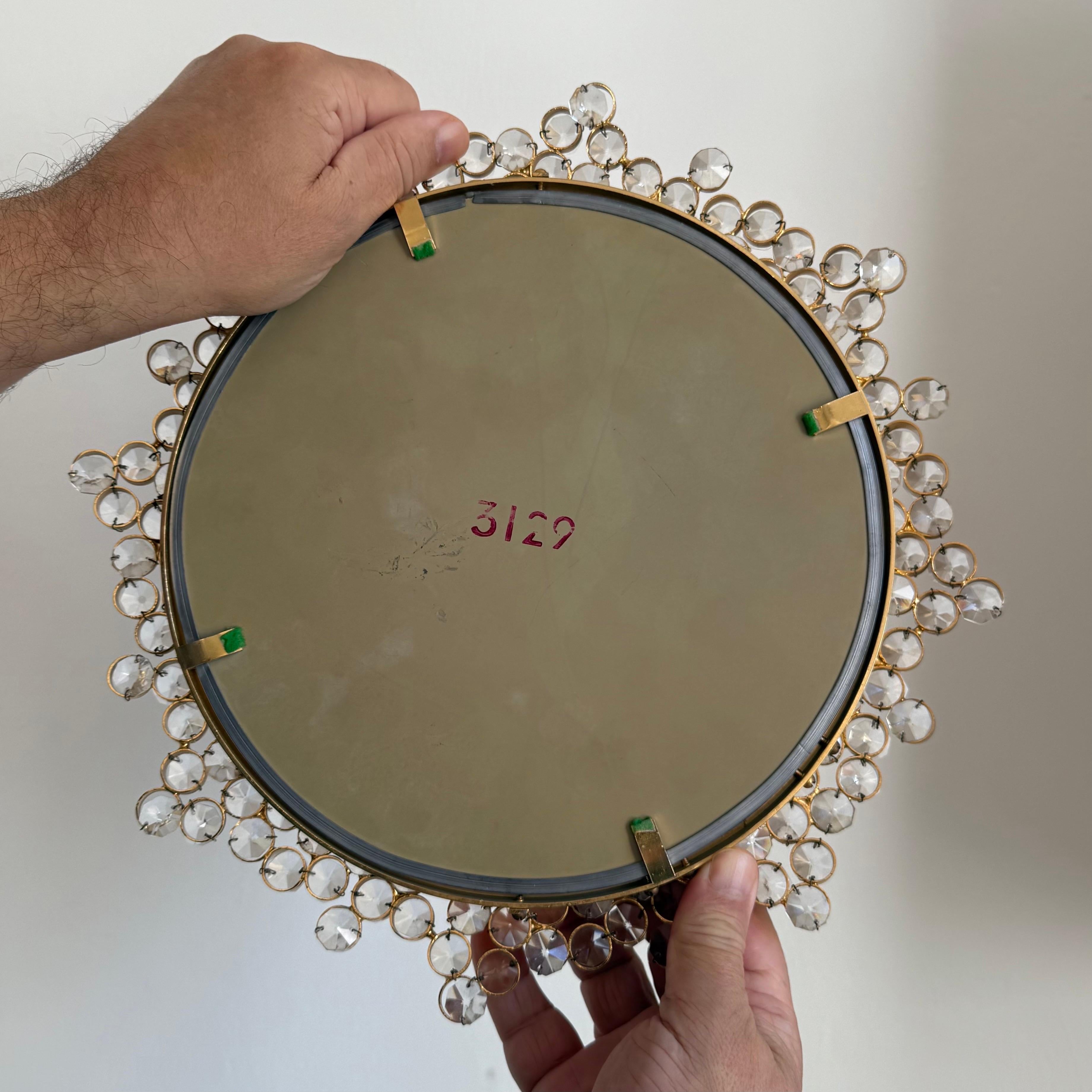 Ottone Small Brass and Crystal Wall Mirror Attributed to Palwa, Austria in vendita