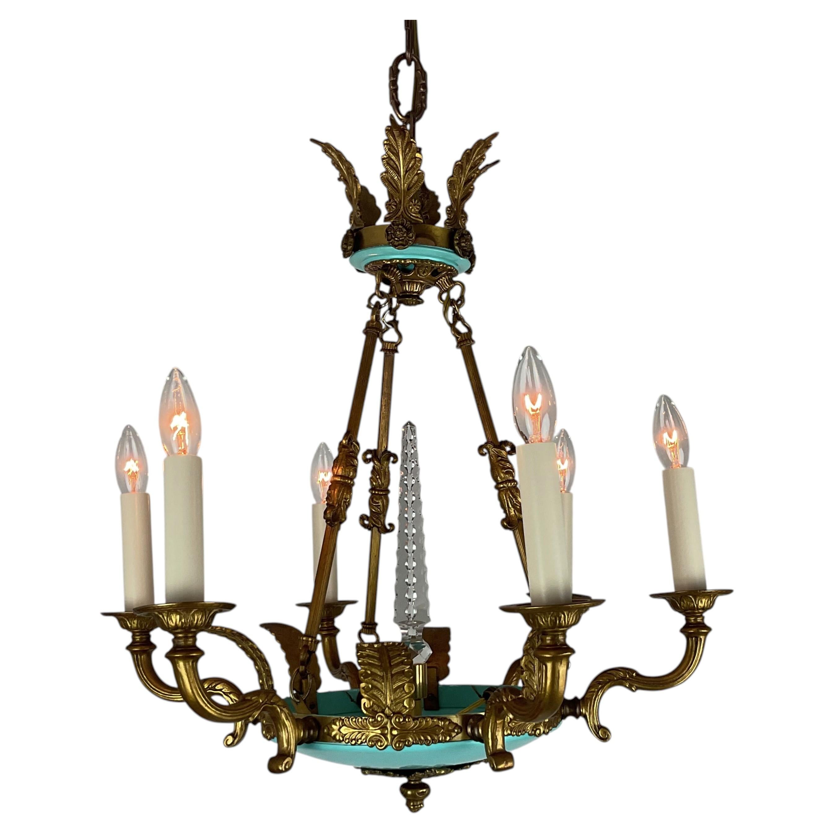 Small Brass and Enamel Empire Chandelier