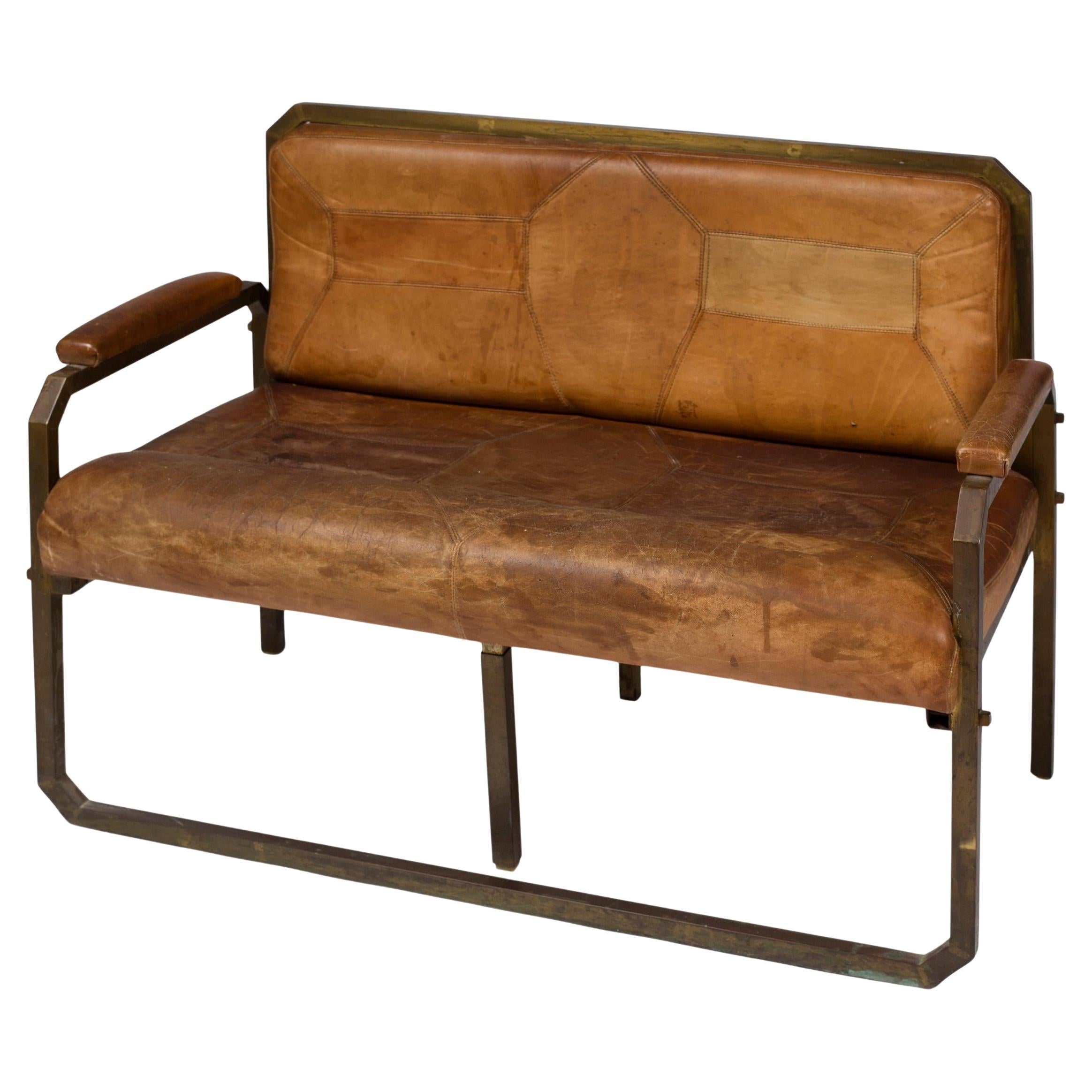 Piccola panca in ottone e pelle Francia, circa 1940 in vendita