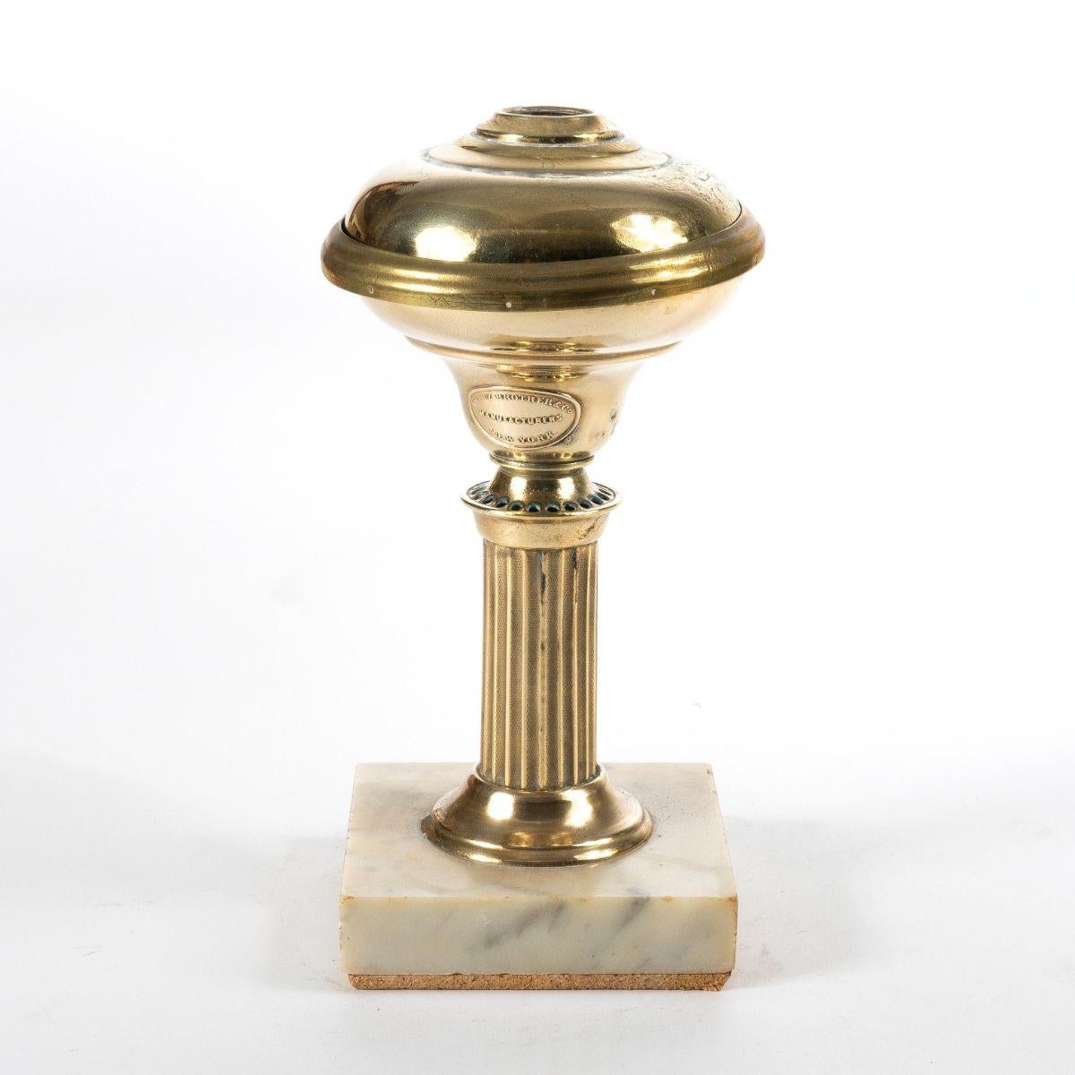 American Small Brass Astral Lamp on Square Marble Base by Dietz & Co. For Sale