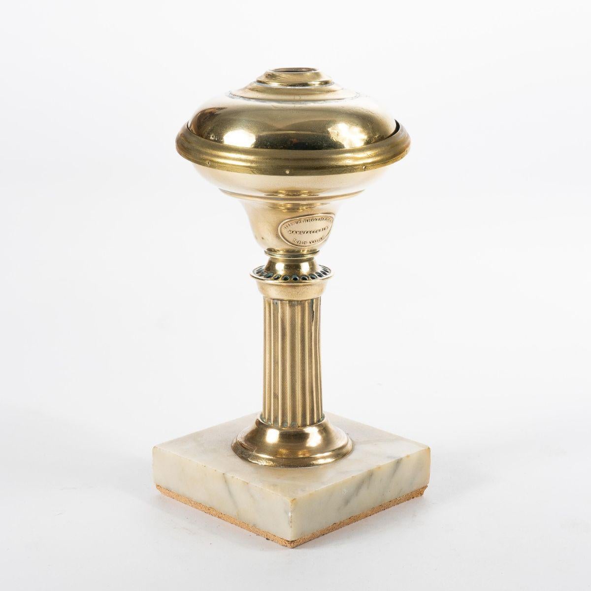 19th Century Small Brass Astral Lamp on Square Marble Base by Dietz & Co. For Sale