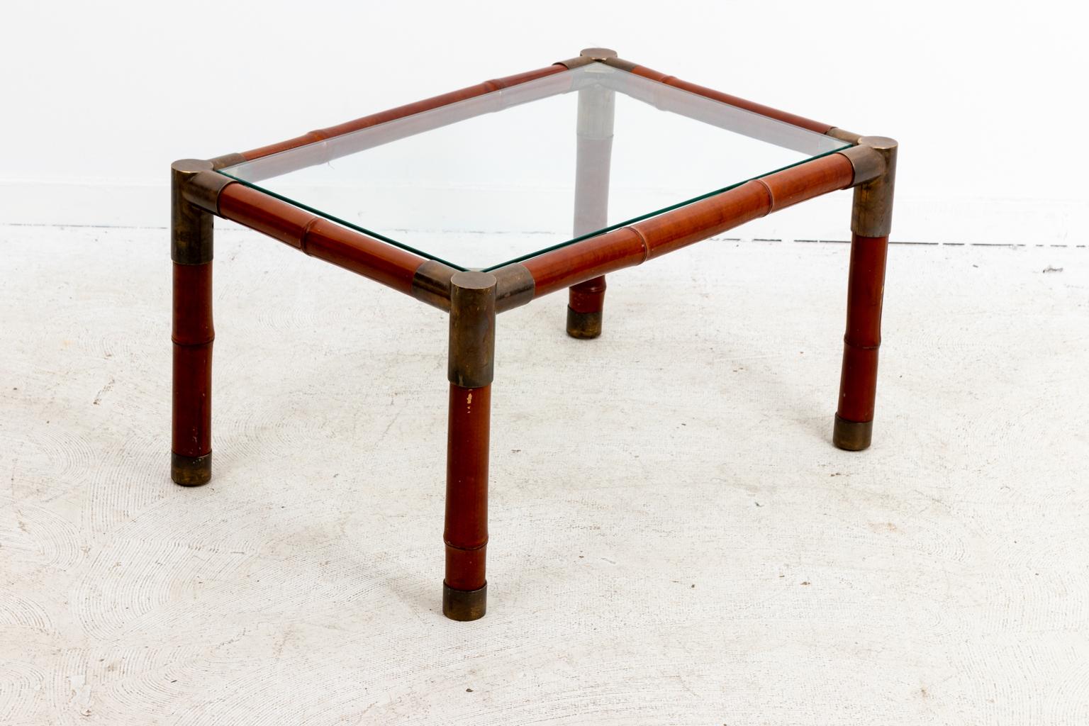 Mid-Century Modern Small Brass Banded Side Table with Glass Top by Willy Rizzo For Sale