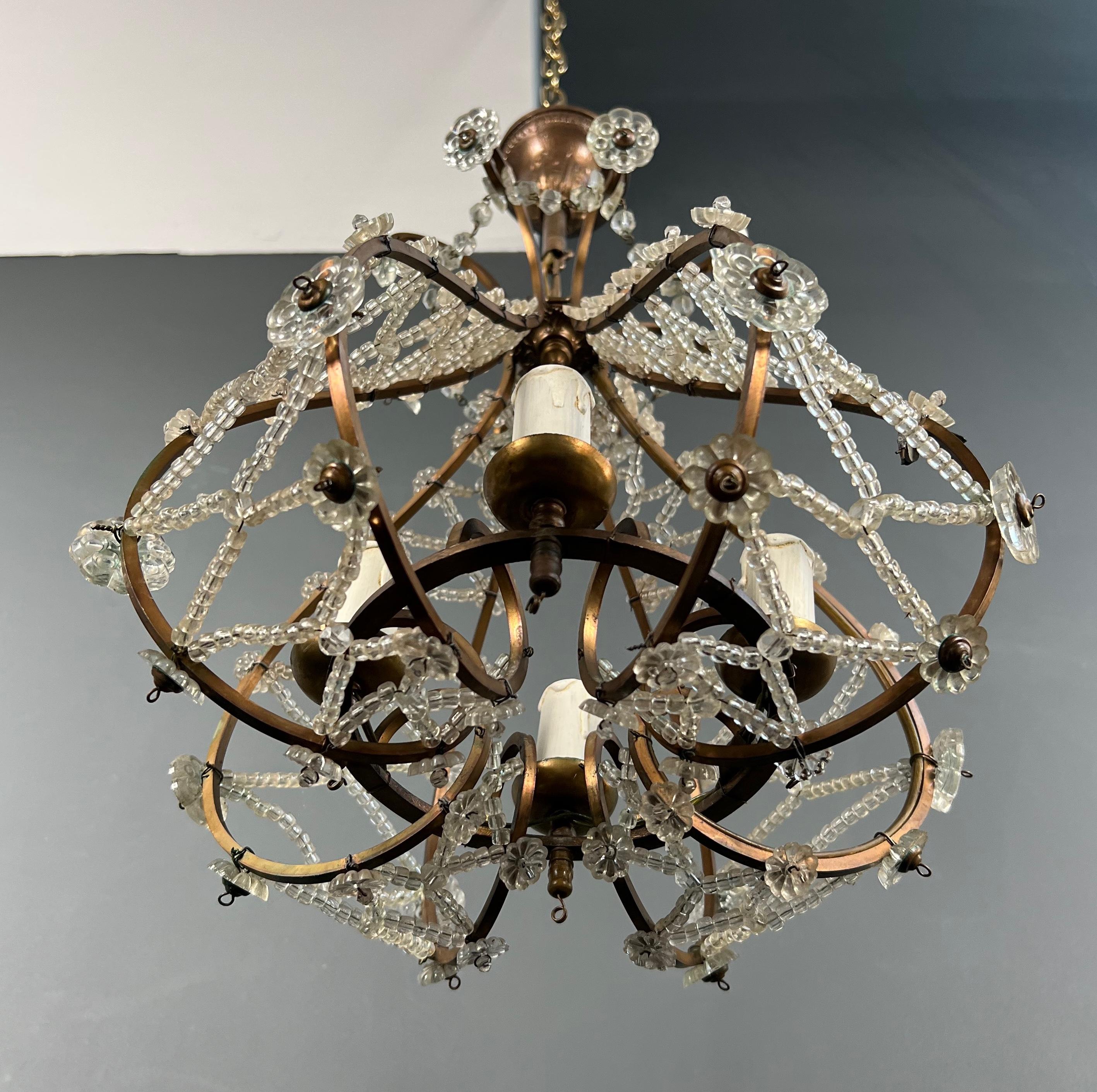 Small Brass Chandelier wityh Crystal Garlands in the Style of Maison Baguès 4