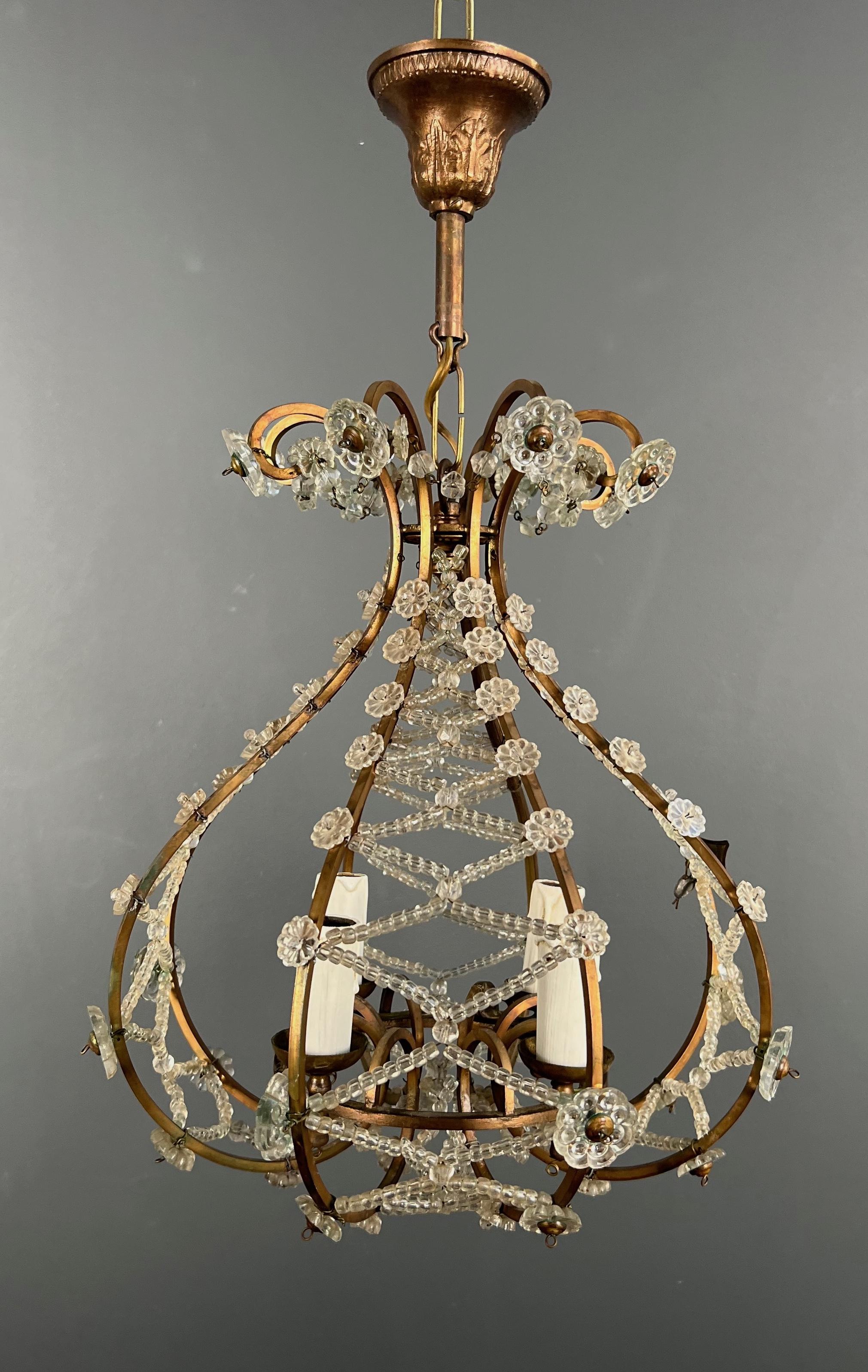 Small Brass Chandelier wityh Crystal Garlands in the Style of Maison Baguès 5
