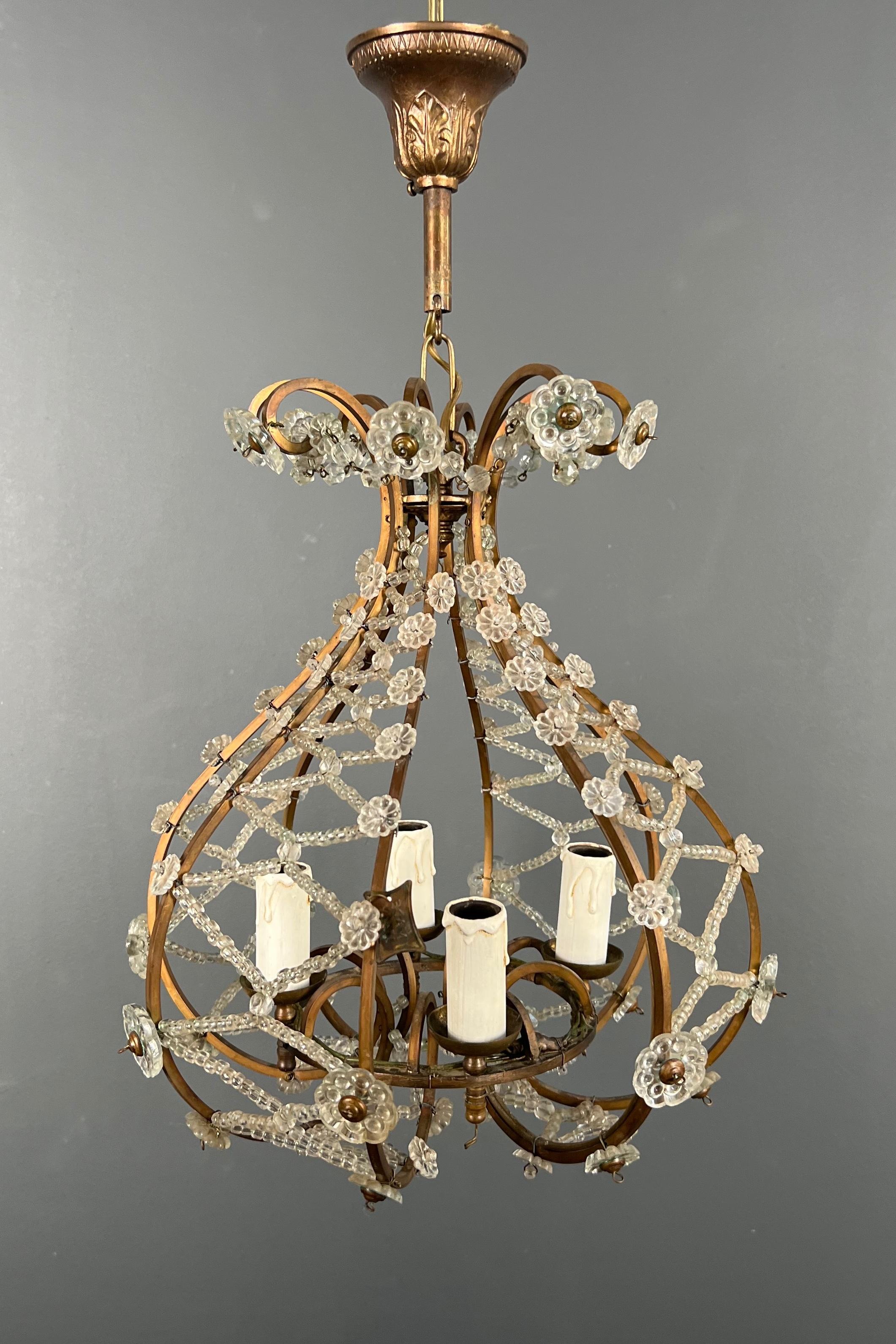 Small Brass Chandelier wityh Crystal Garlands in the Style of Maison Baguès 6