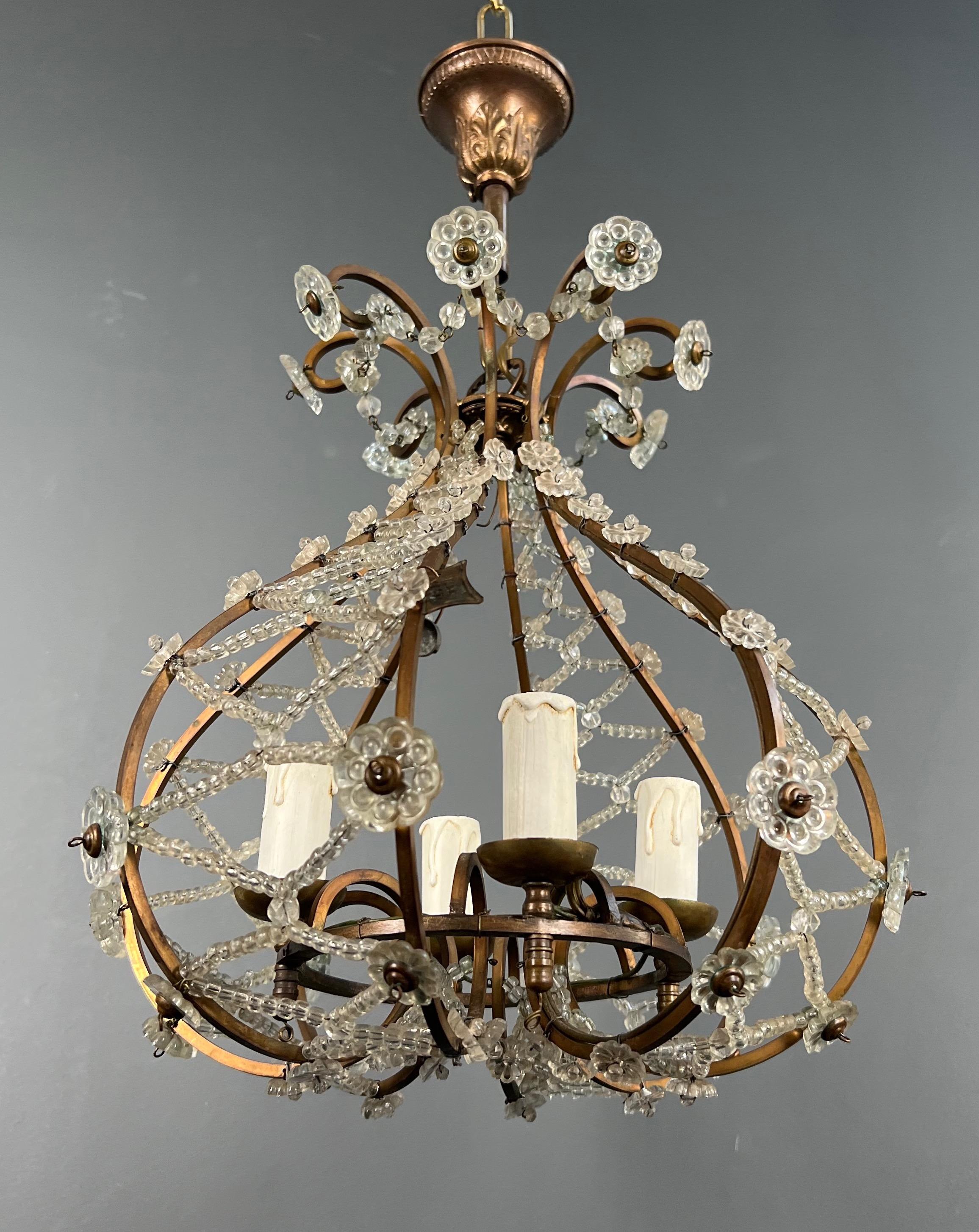 Small Brass Chandelier wityh Crystal Garlands in the Style of Maison Baguès 7