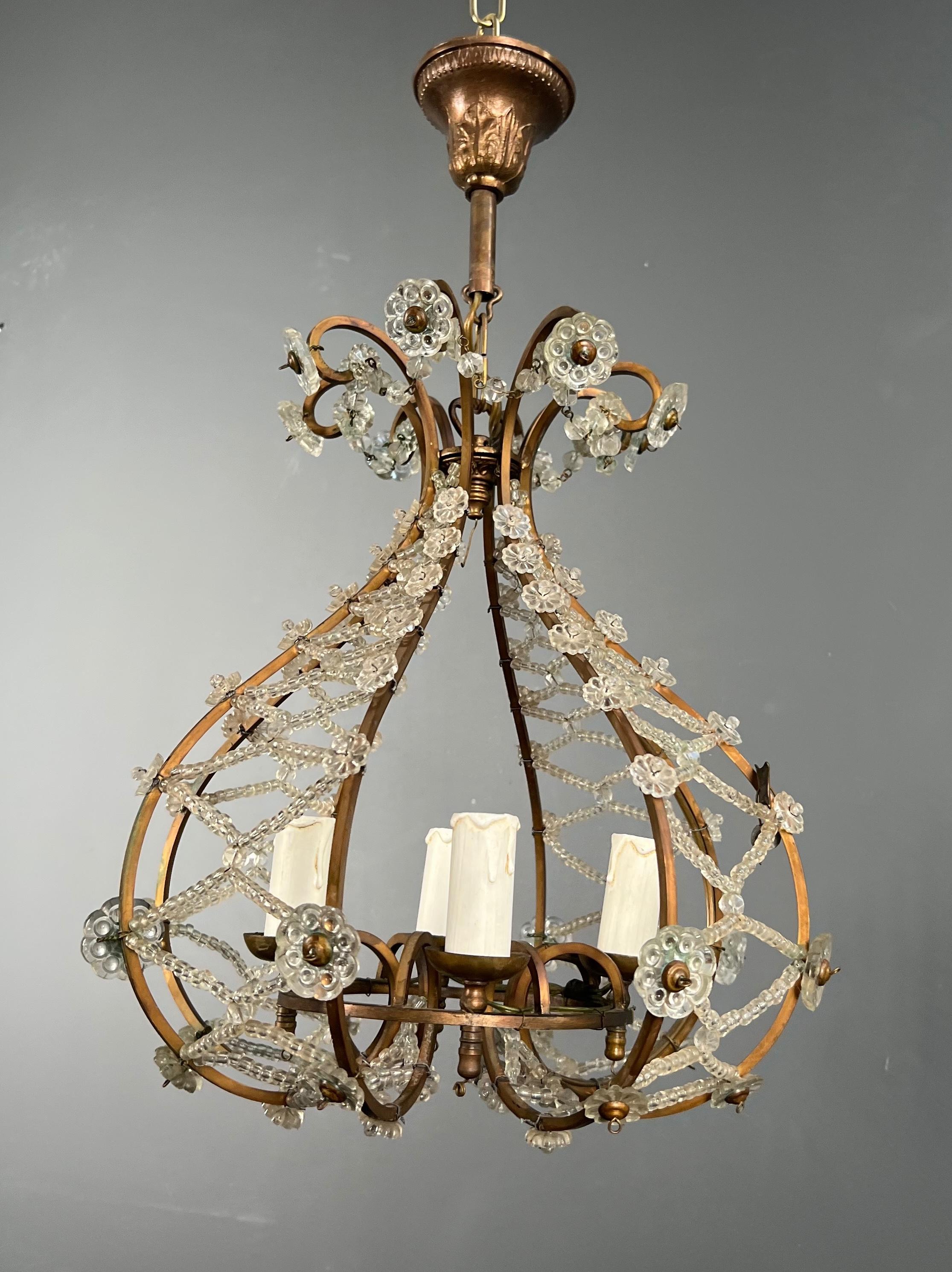 Small Brass Chandelier wityh Crystal Garlands in the Style of Maison Baguès 8