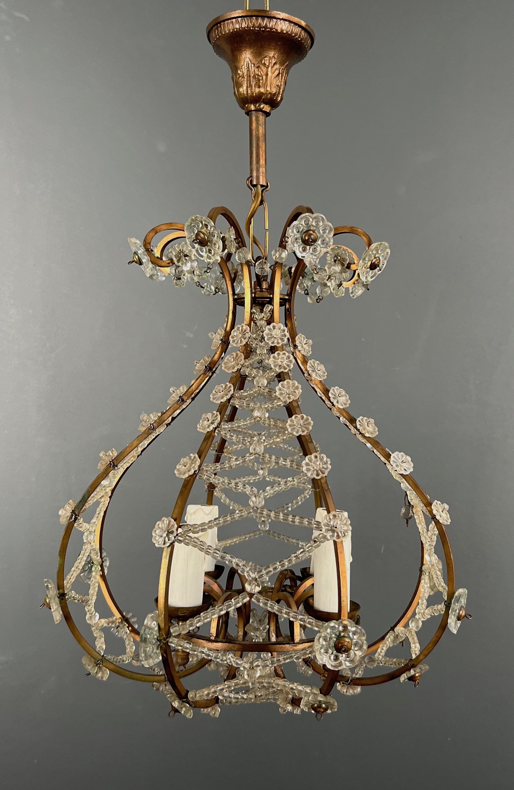 Mid-Century Modern Small Brass Chandelier wityh Crystal Garlands in the Style of Maison Baguès