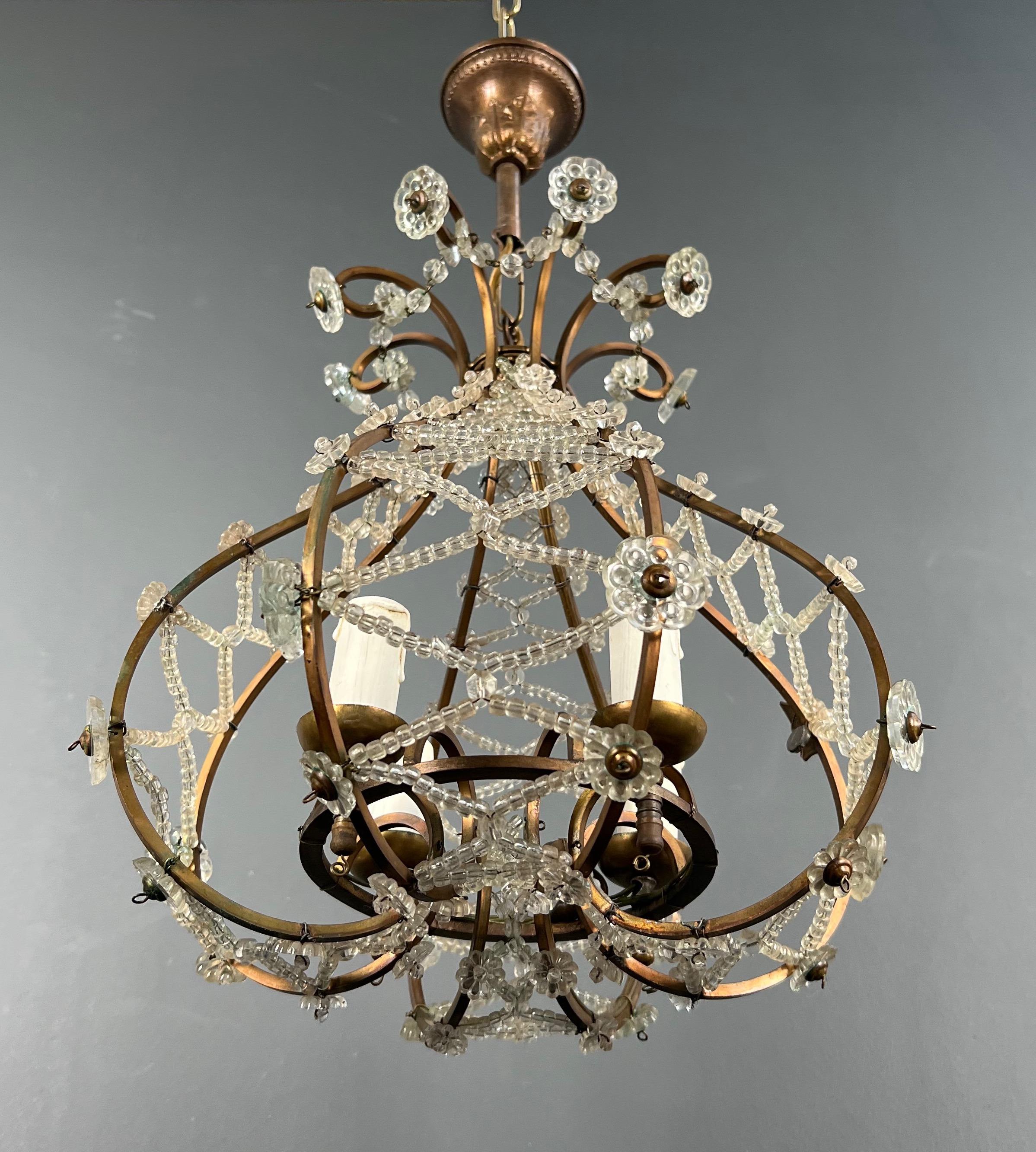 French Small Brass Chandelier wityh Crystal Garlands in the Style of Maison Baguès