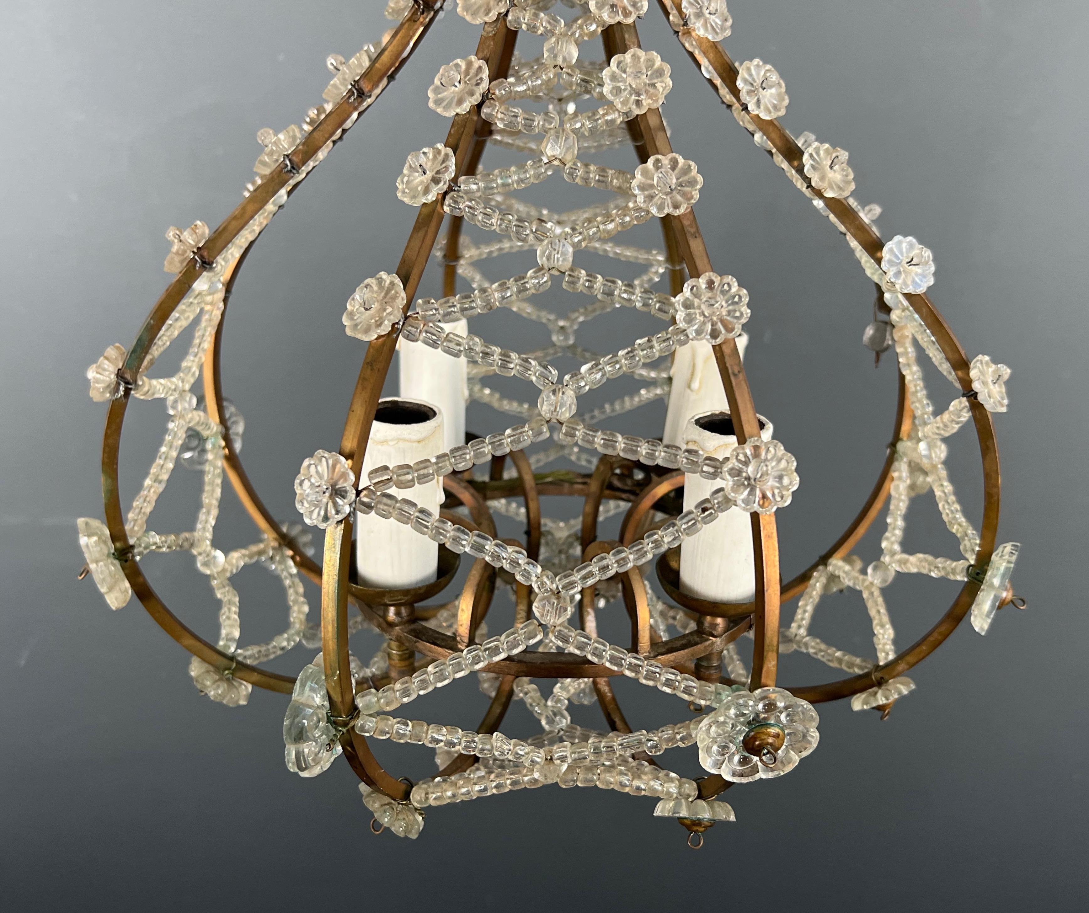 Small Brass Chandelier wityh Crystal Garlands in the Style of Maison Baguès 2