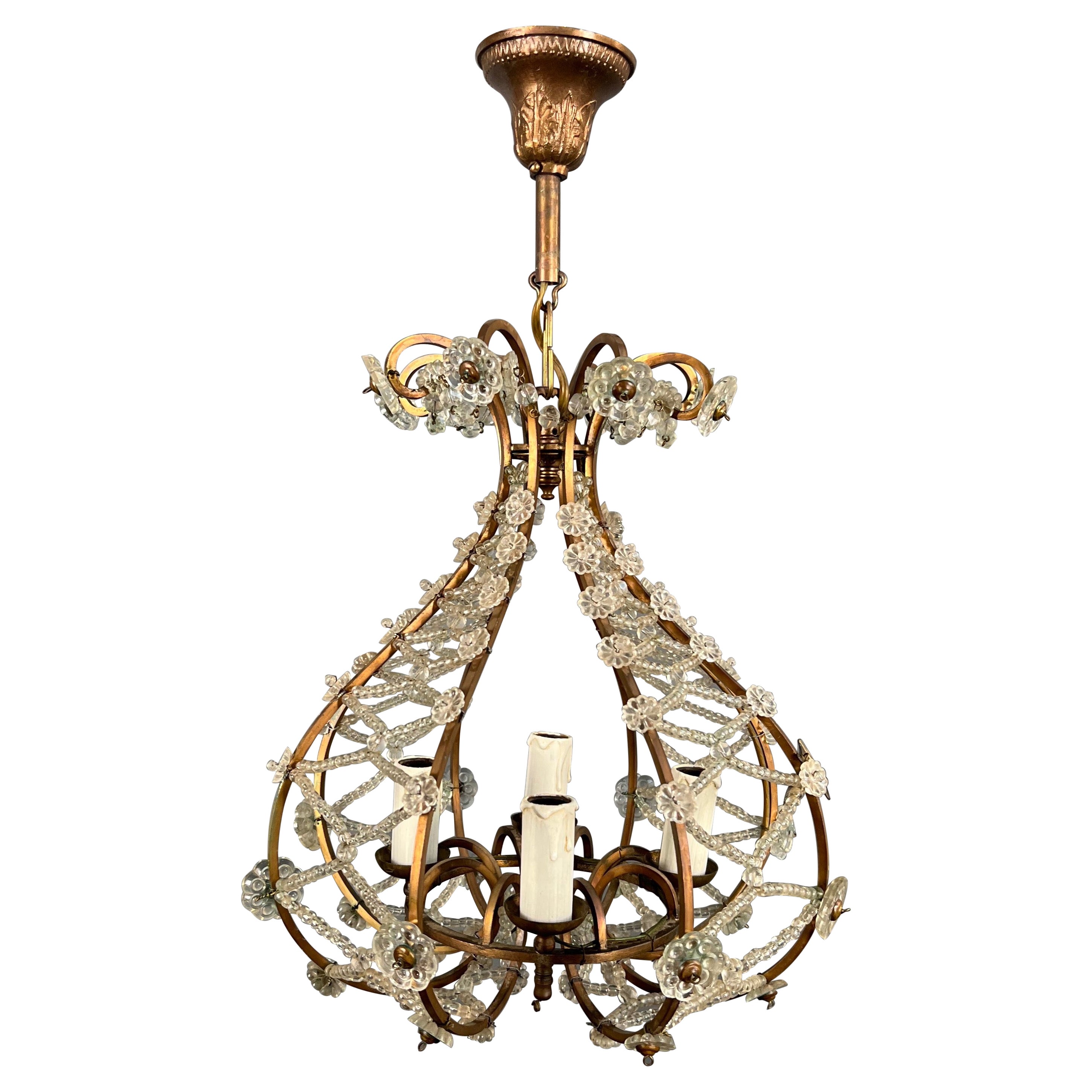 Small Brass Chandelier wityh Crystal Garlands in the Style of Maison Baguès