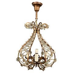 Small Brass Chandelier wityh Crystal Garlands in the Style of Maison Baguès