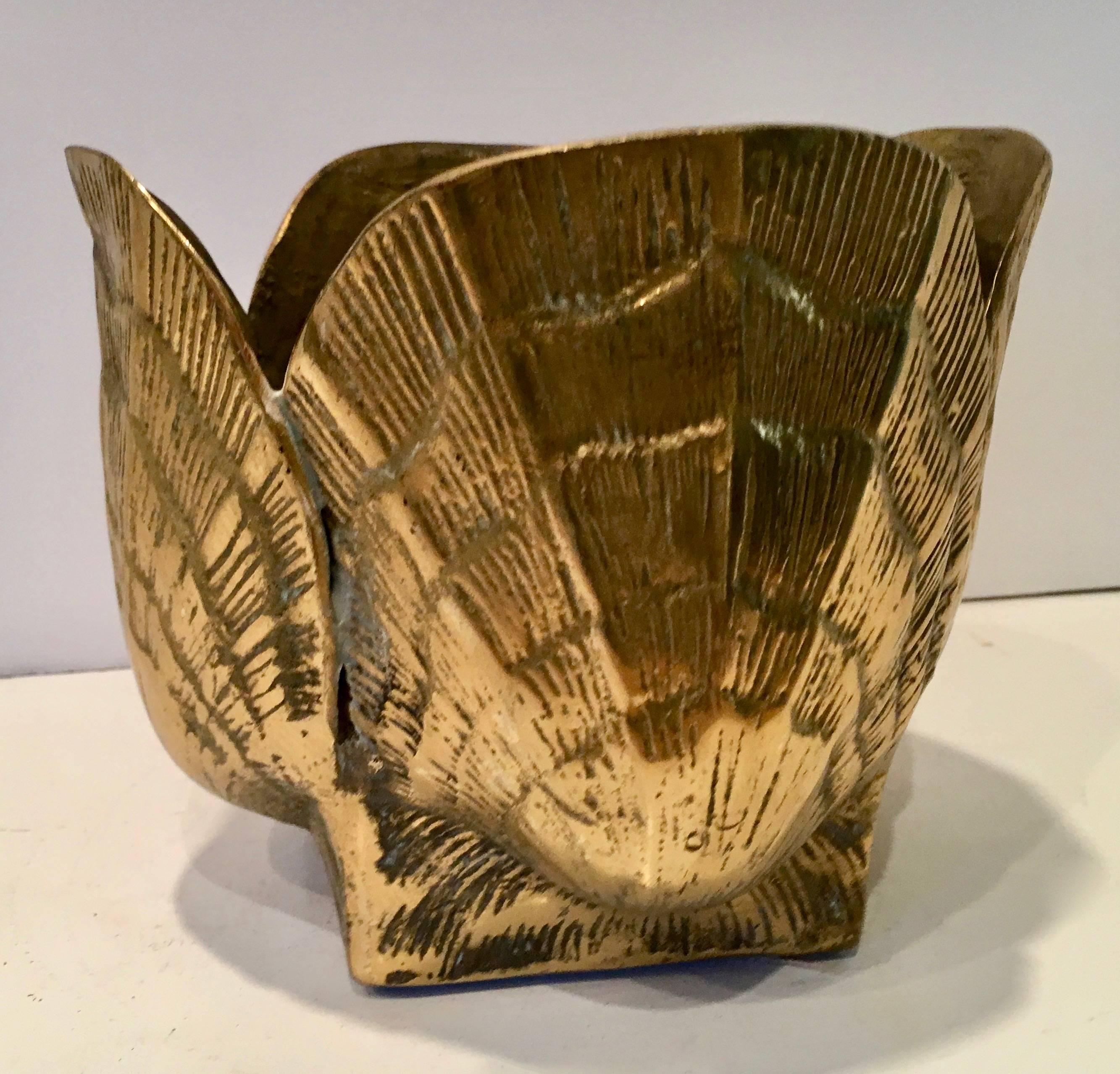 Small brass clam shell cachepot - perfect for the desk or smaller eclectic setting - works well with plants, arrangements or fruit - perfectly suited for an orchid or Hostess gift.