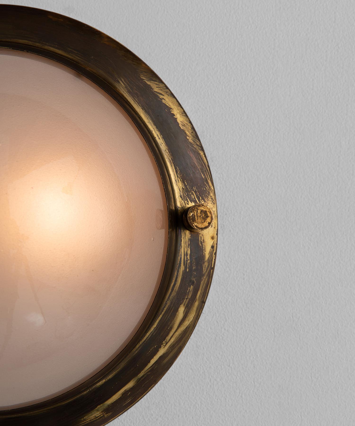 Modern Small Brass and Frosted Glass Flushmount, Italy, circa 1950