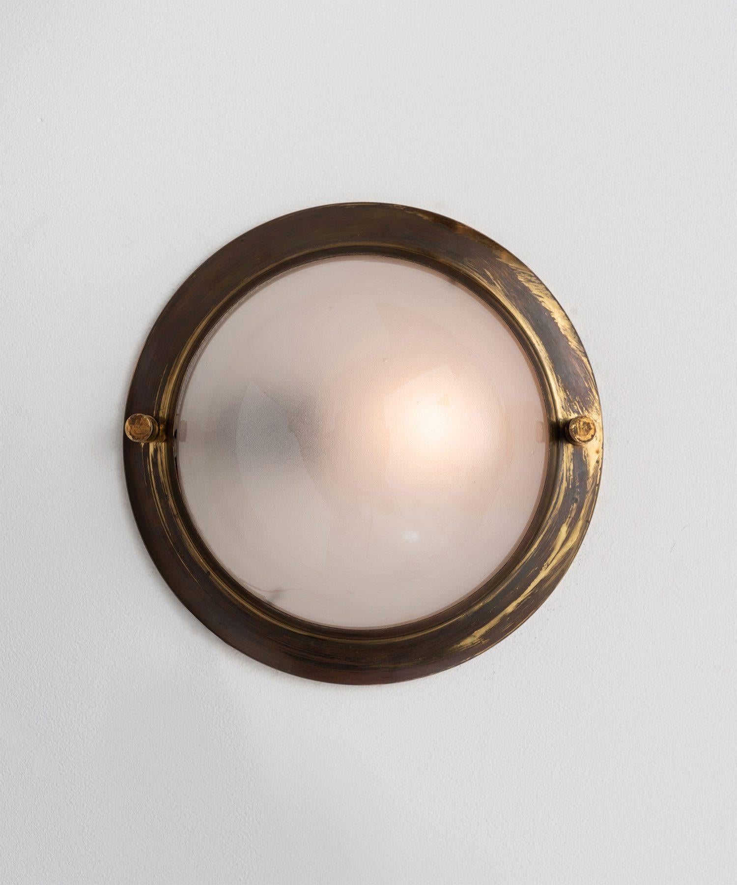 Italian Small Brass and Frosted Glass Flushmount, Italy, circa 1950