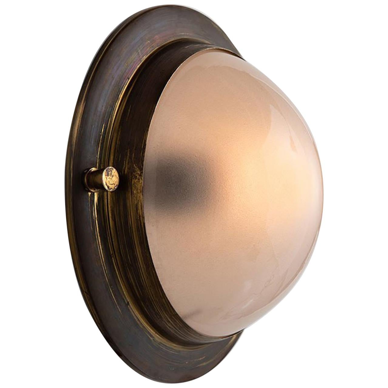 Small Brass and Frosted Glass Flushmount, Italy, circa 1950