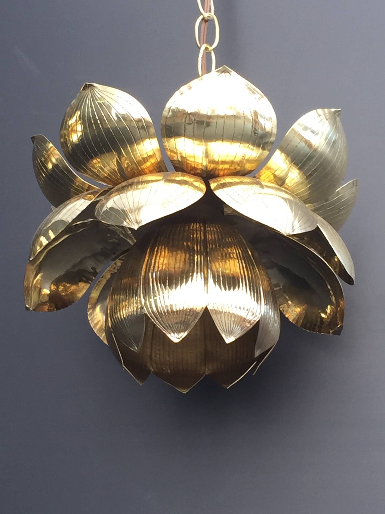 Hollywood Regency Small Brass Lotus Pendant Light by Feldman