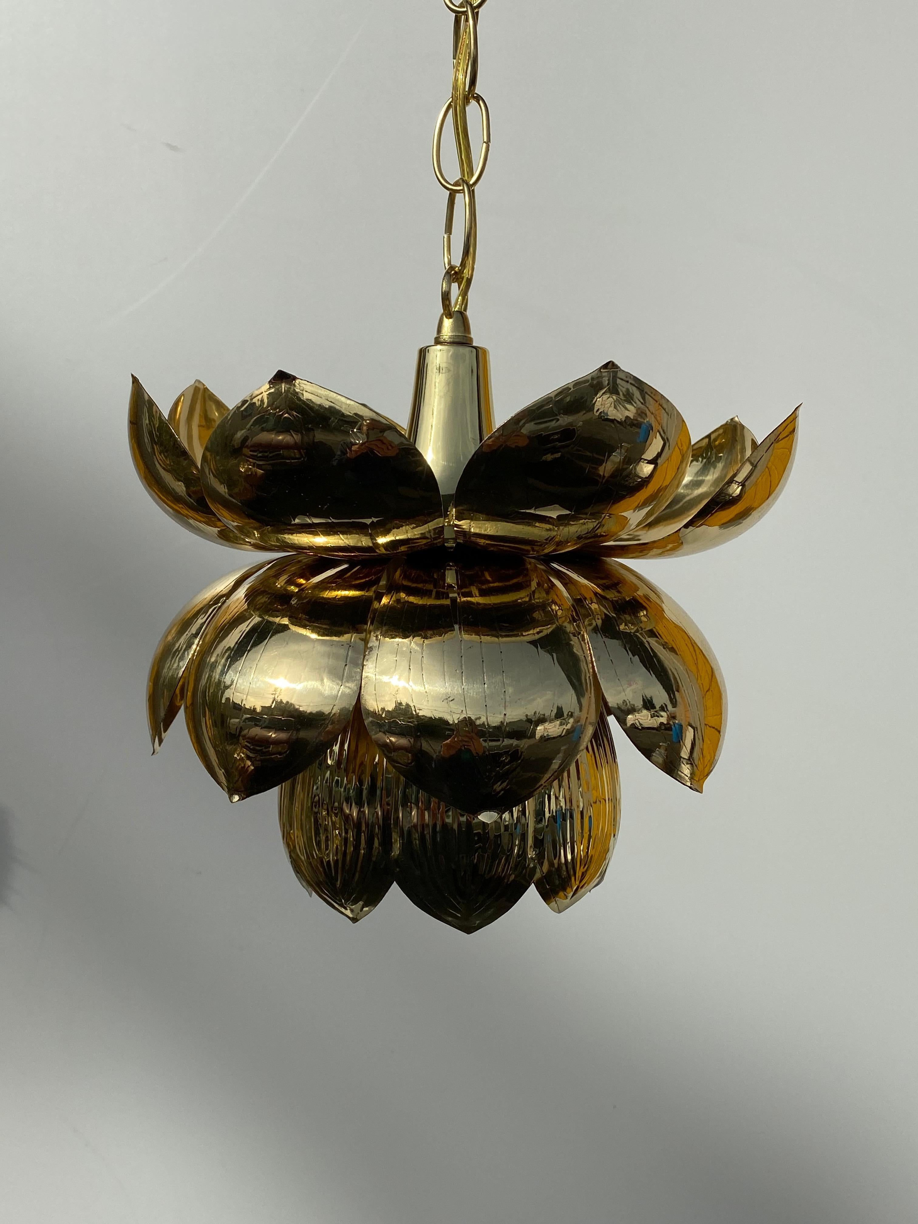 Polished Small Brass Lotus Pendant Light by Feldman