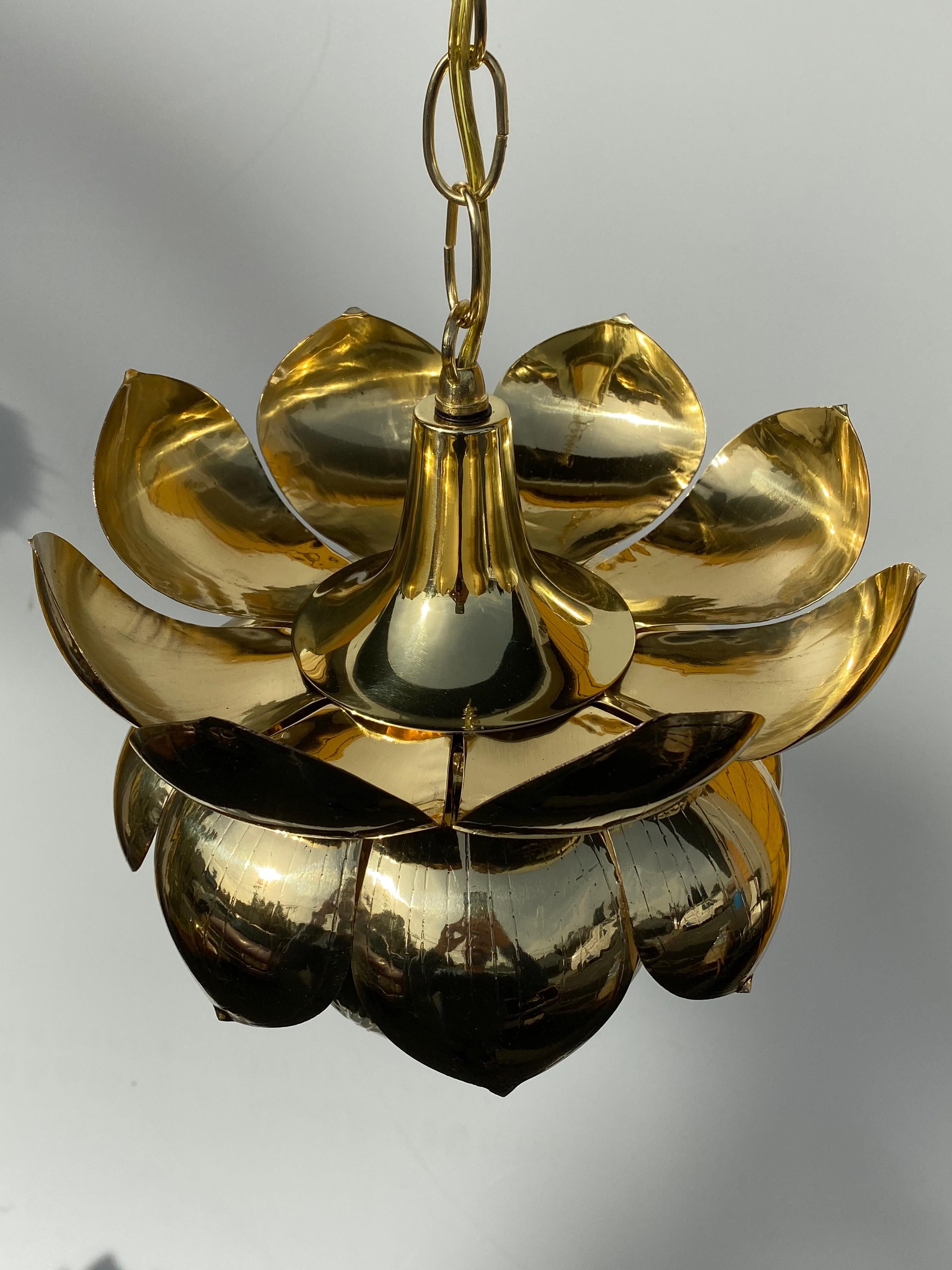 Small Brass Lotus Pendant Light by Feldman In Good Condition In North Hollywood, CA