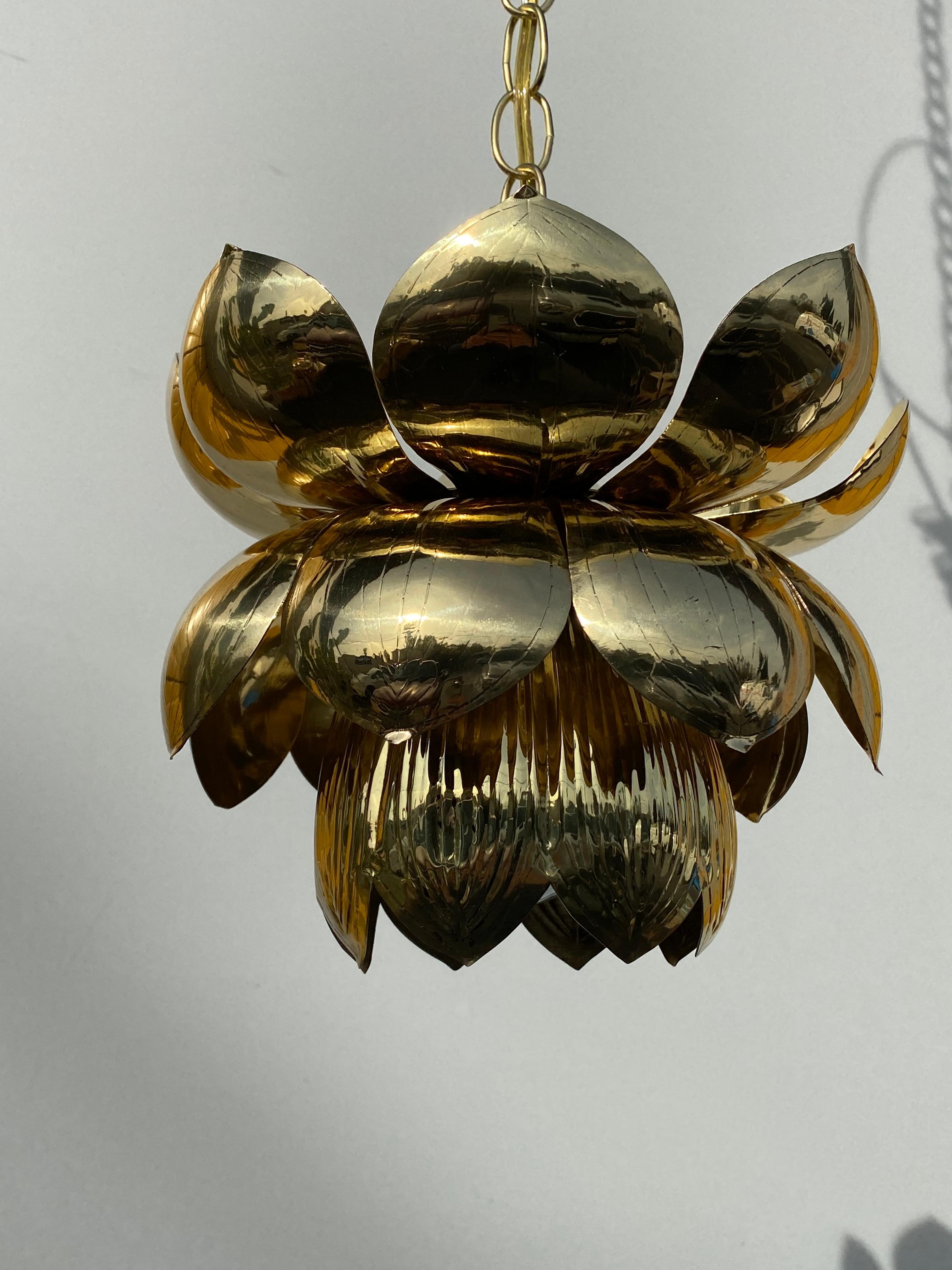 Mid-20th Century Small Brass Lotus Pendant Light by Feldman