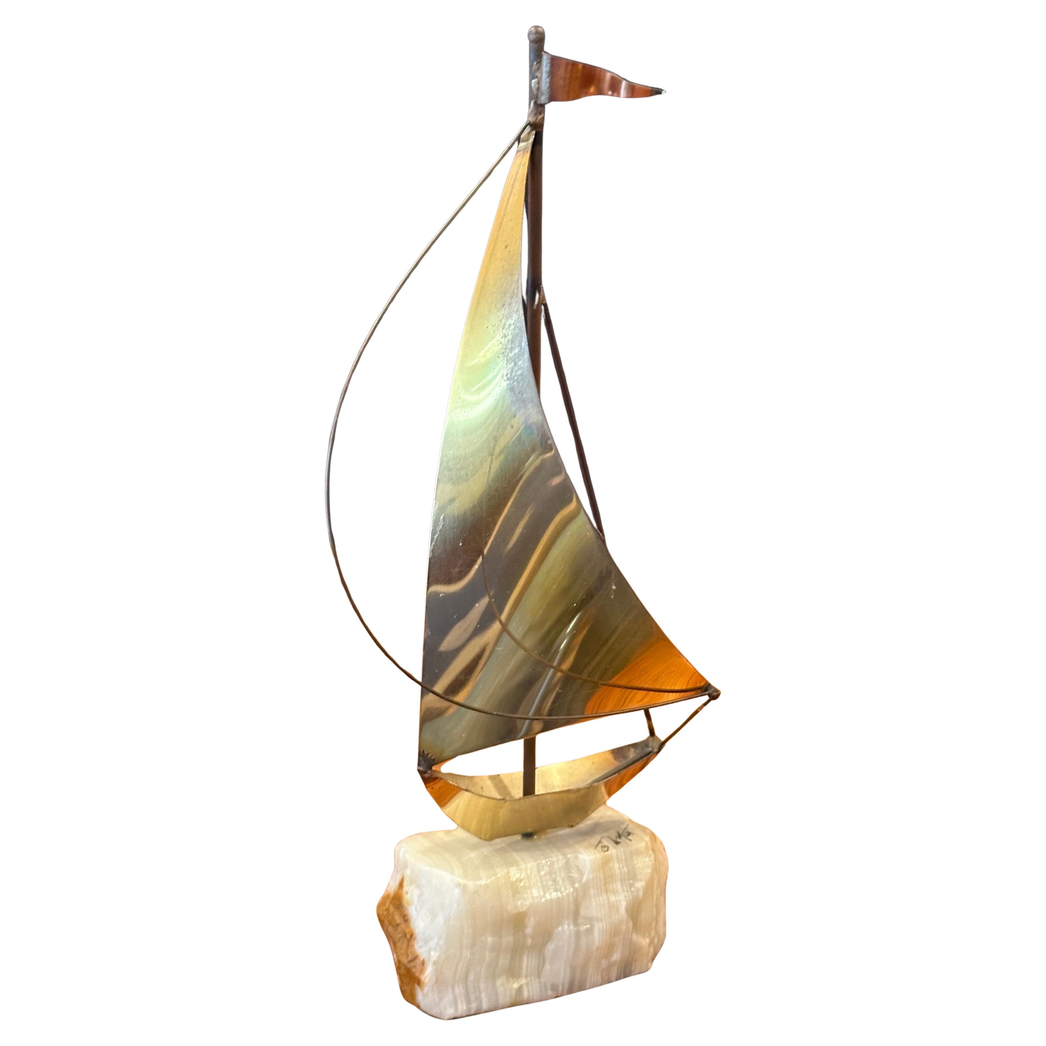 Small Brass on Quartz Sailboat Sculpture by DeMott