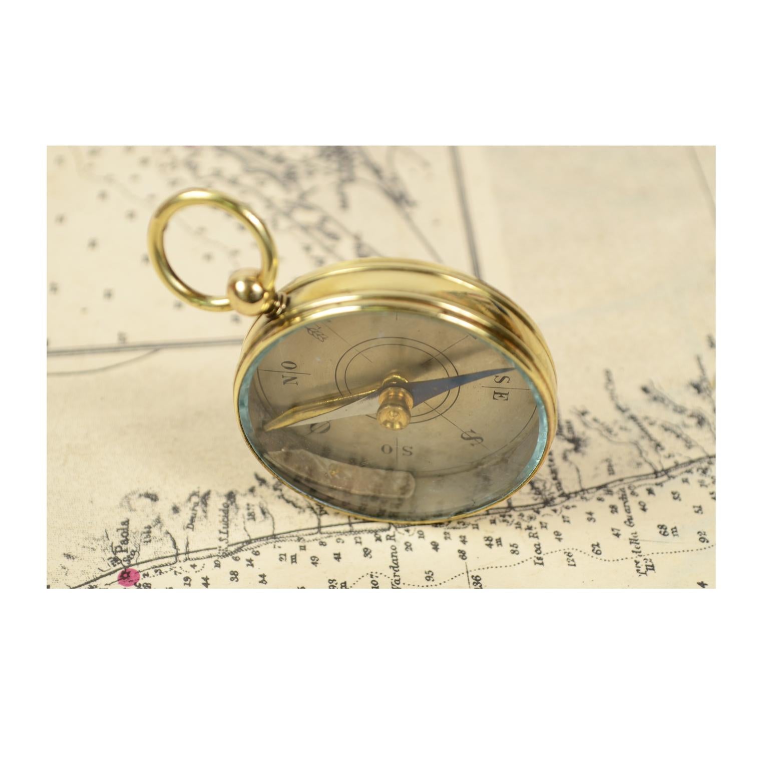 Italian Small Brass Pocket Compass Made in Italy in the 1930s