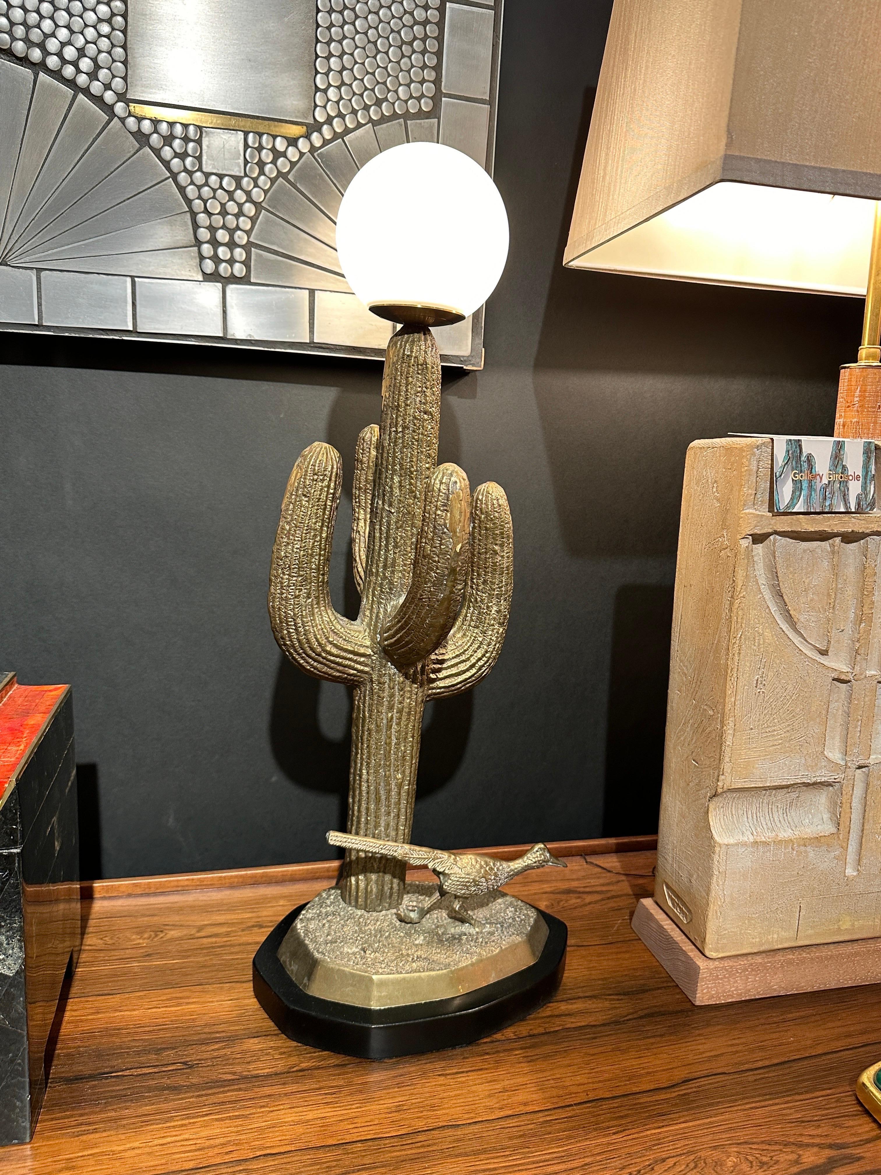 Small brass saguaro cactus and roadrunner sculpture from 1970’s mounted as a lamp. Only cactus is 20