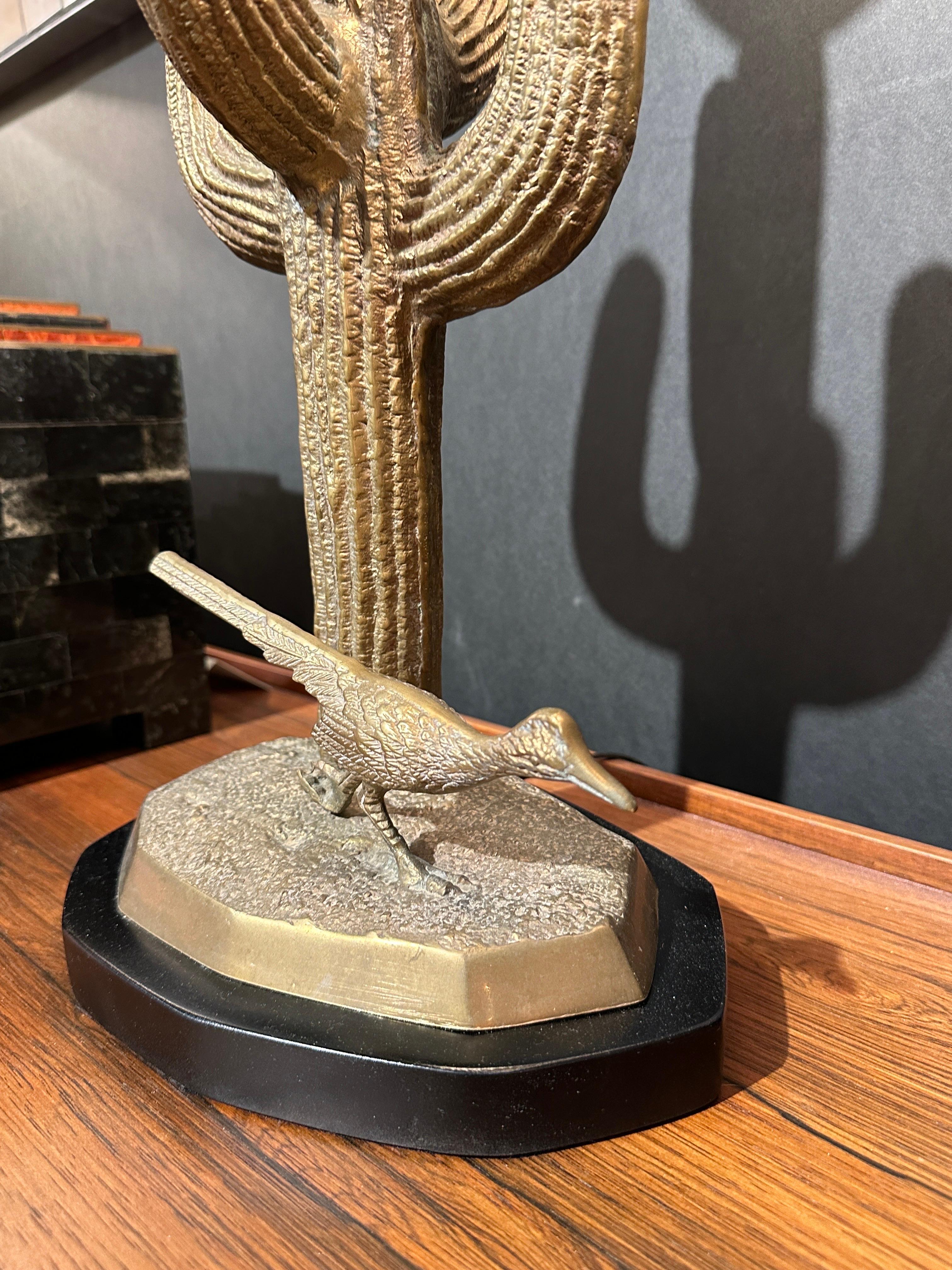 Cast Small Brass Saguaro Cactus Sculpture Lamp For Sale