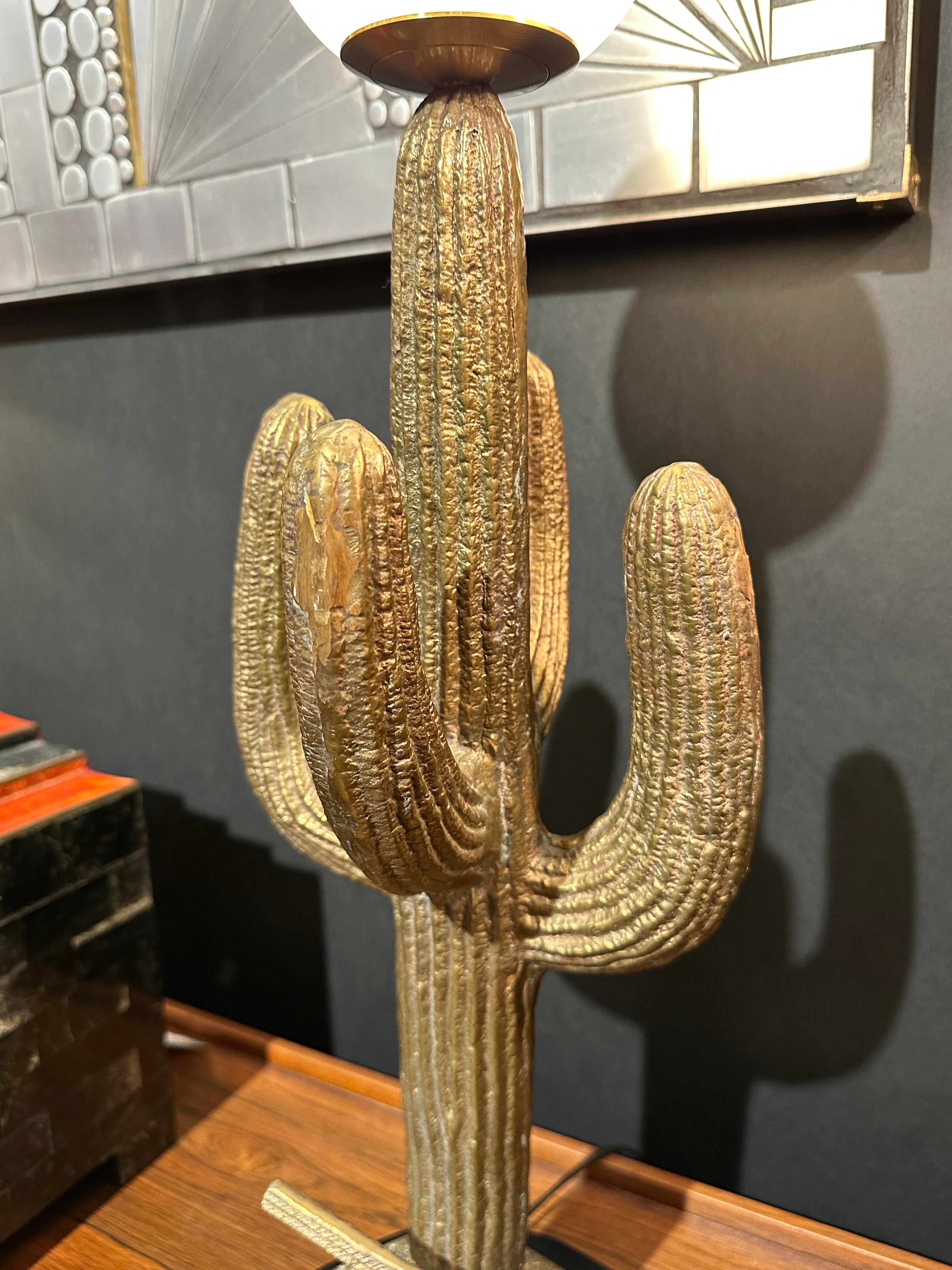 Small Brass Saguaro Cactus Sculpture Lamp In Good Condition For Sale In North Hollywood, CA