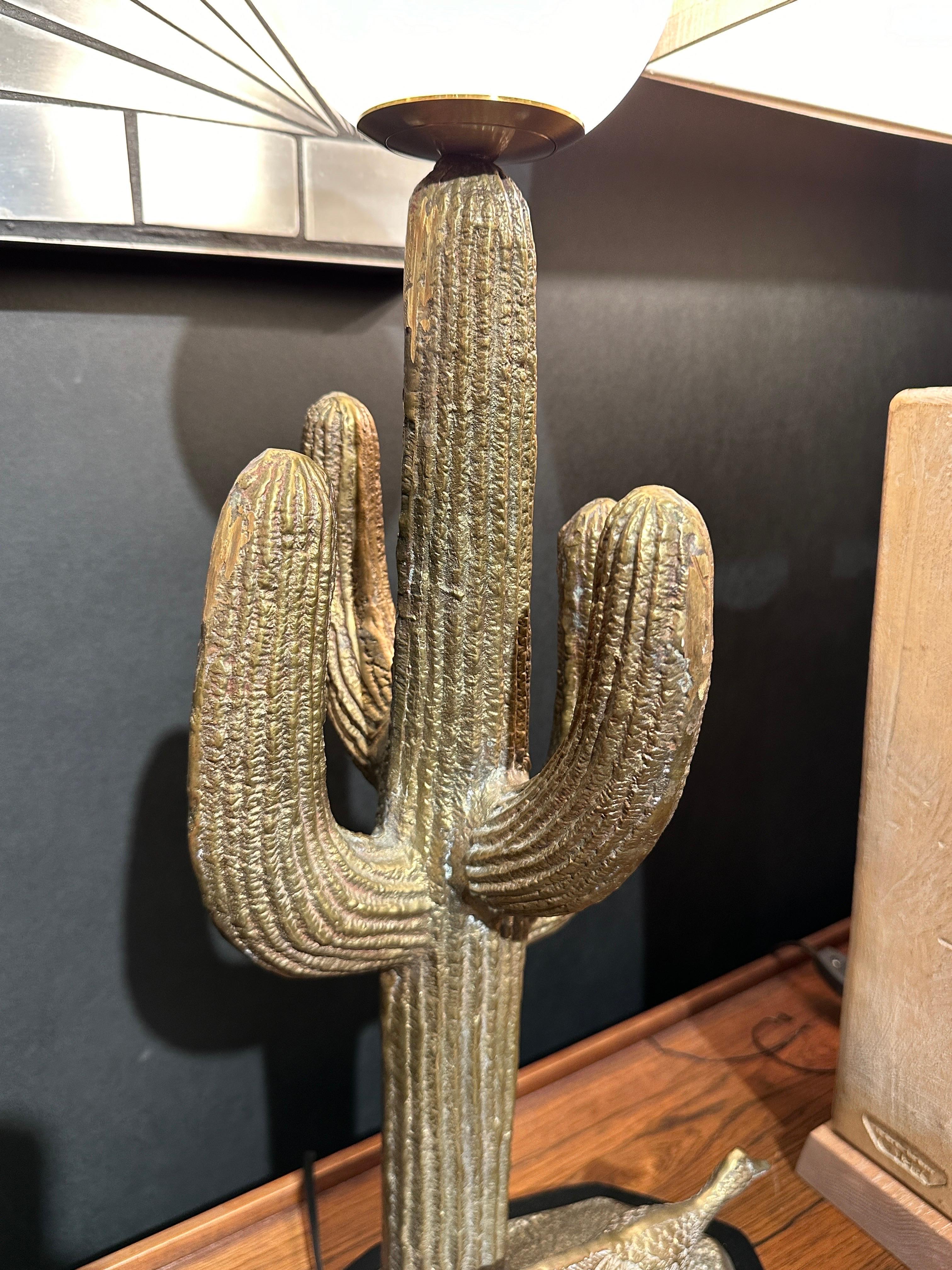 Late 20th Century Small Brass Saguaro Cactus Sculpture Lamp For Sale