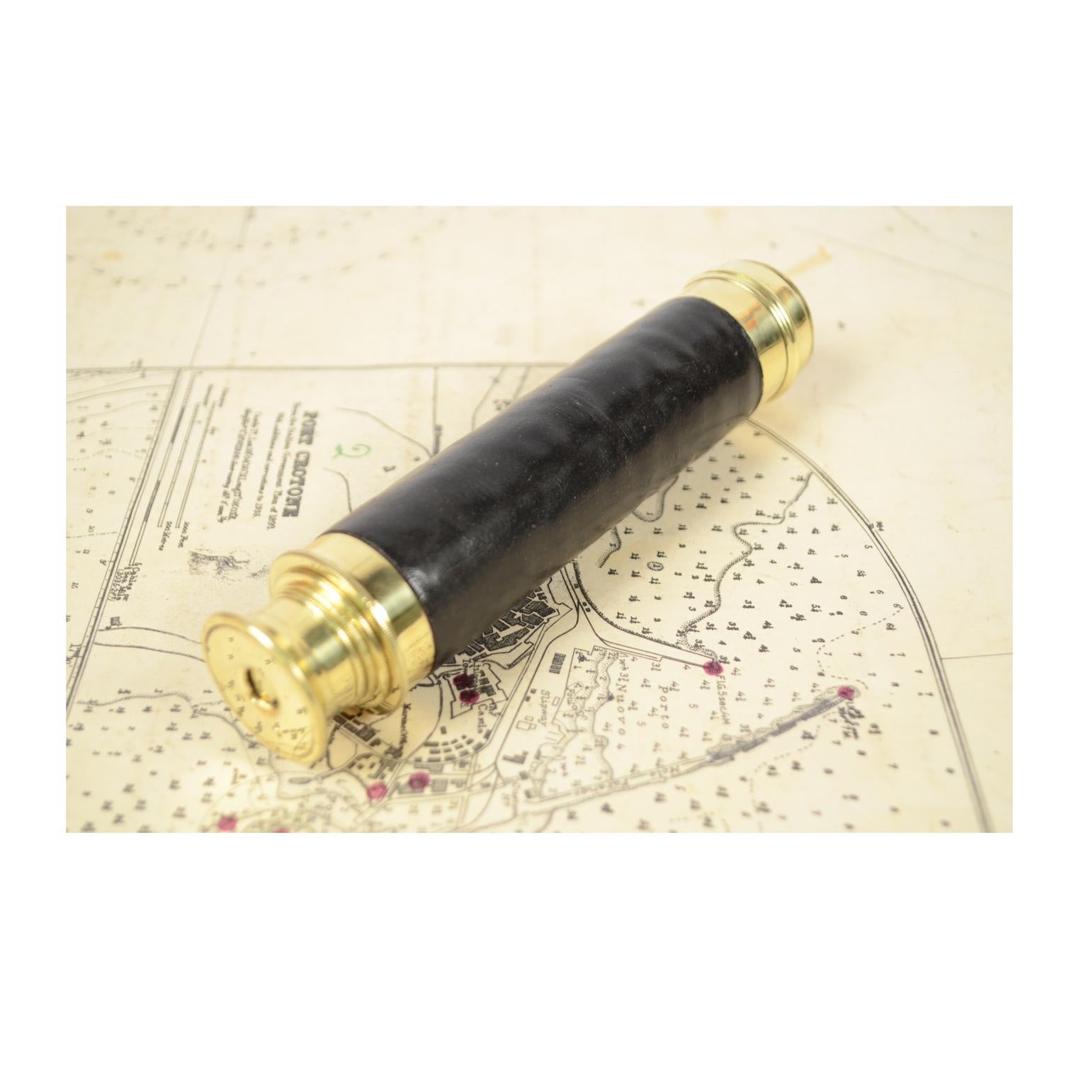 Late 19th Century Small Brass Telescope with Black Leather Covered Handle France, 1870